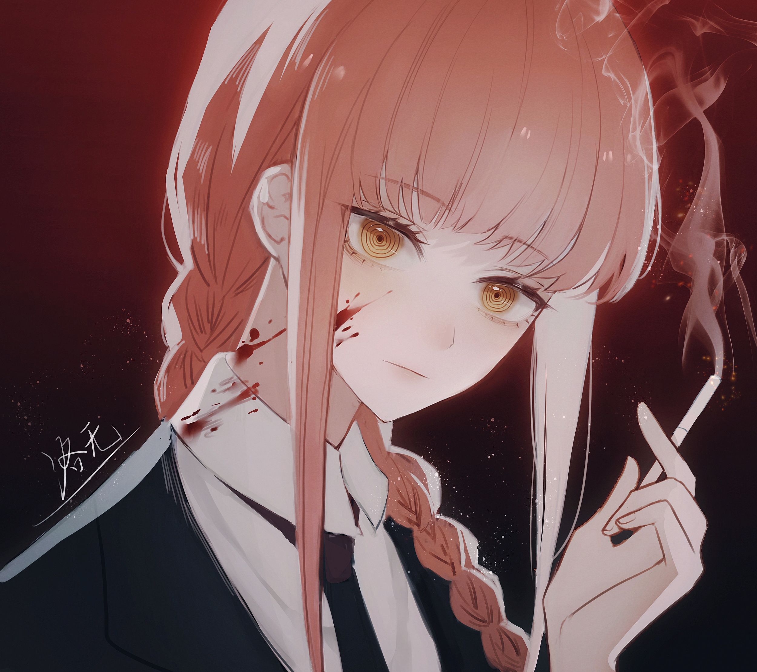 Anime 2500x2219 Chainsaw Man Makima (Chainsaw Man) blood cigarettes face anime anime girls looking at viewer red background long hair smoking