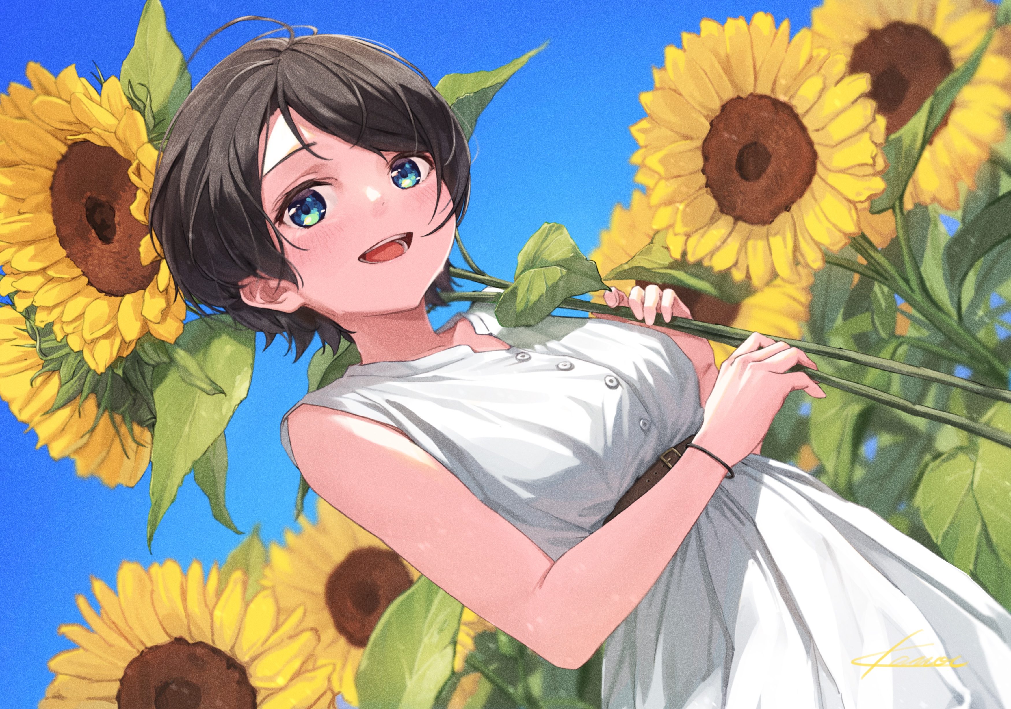 Anime 3500x2453 anime anime girls Hololive Virtual Youtuber Oozora Subaru short hair black hair blue eyes dress sun dress sunflowers