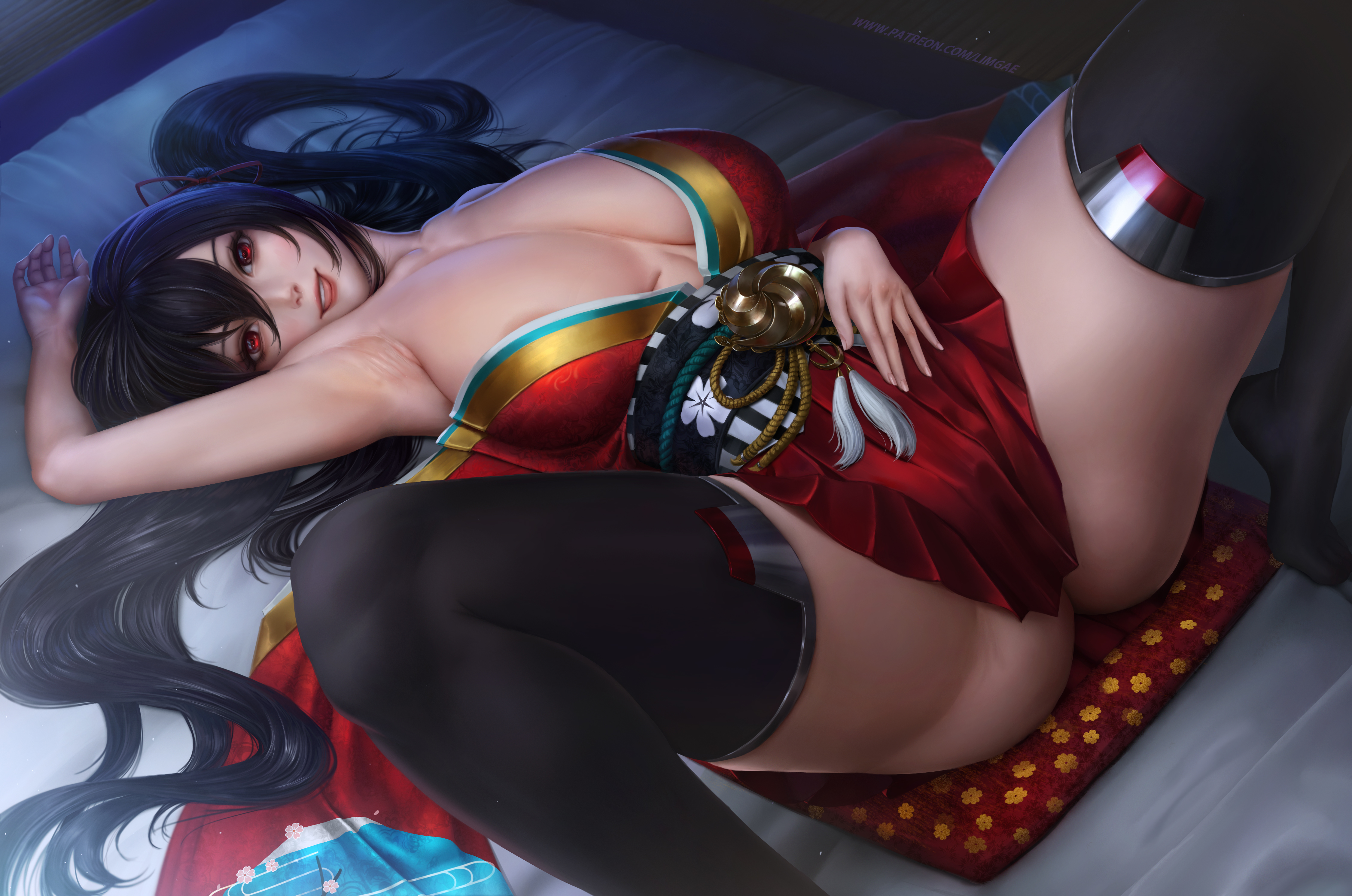 Anime 4500x2984 Taihou (Azur Lane) Azur Lane video games video game girls anime looking at viewer cleavage huge breasts kimono thick thigh ass curvy thigh-highs spread legs armpits 2D artwork drawing illustration fan art limgae anime girls in bed chinese clothing red eyes bells smiling dress lying down lying on back