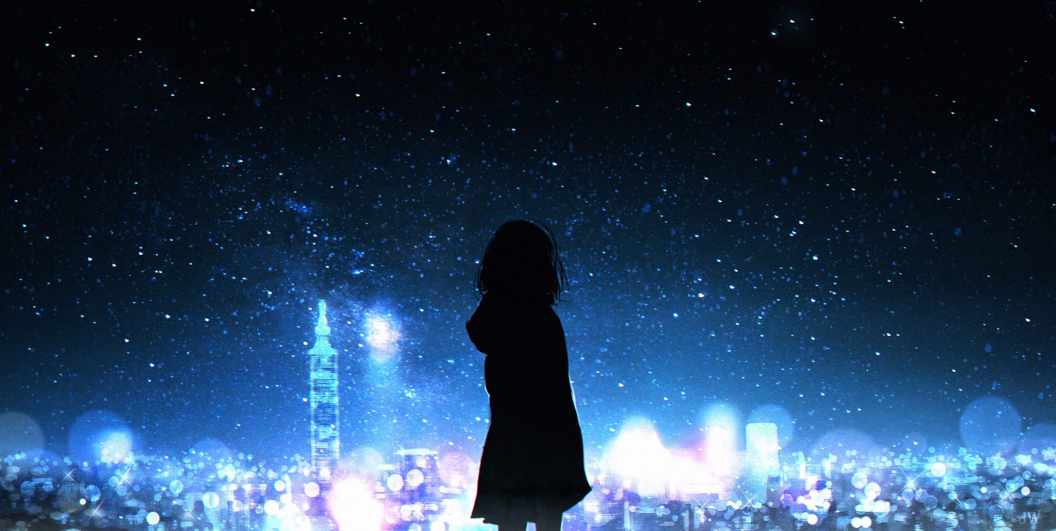 Anime 4096x2061 anime anime girls stars city lights sky silhouette