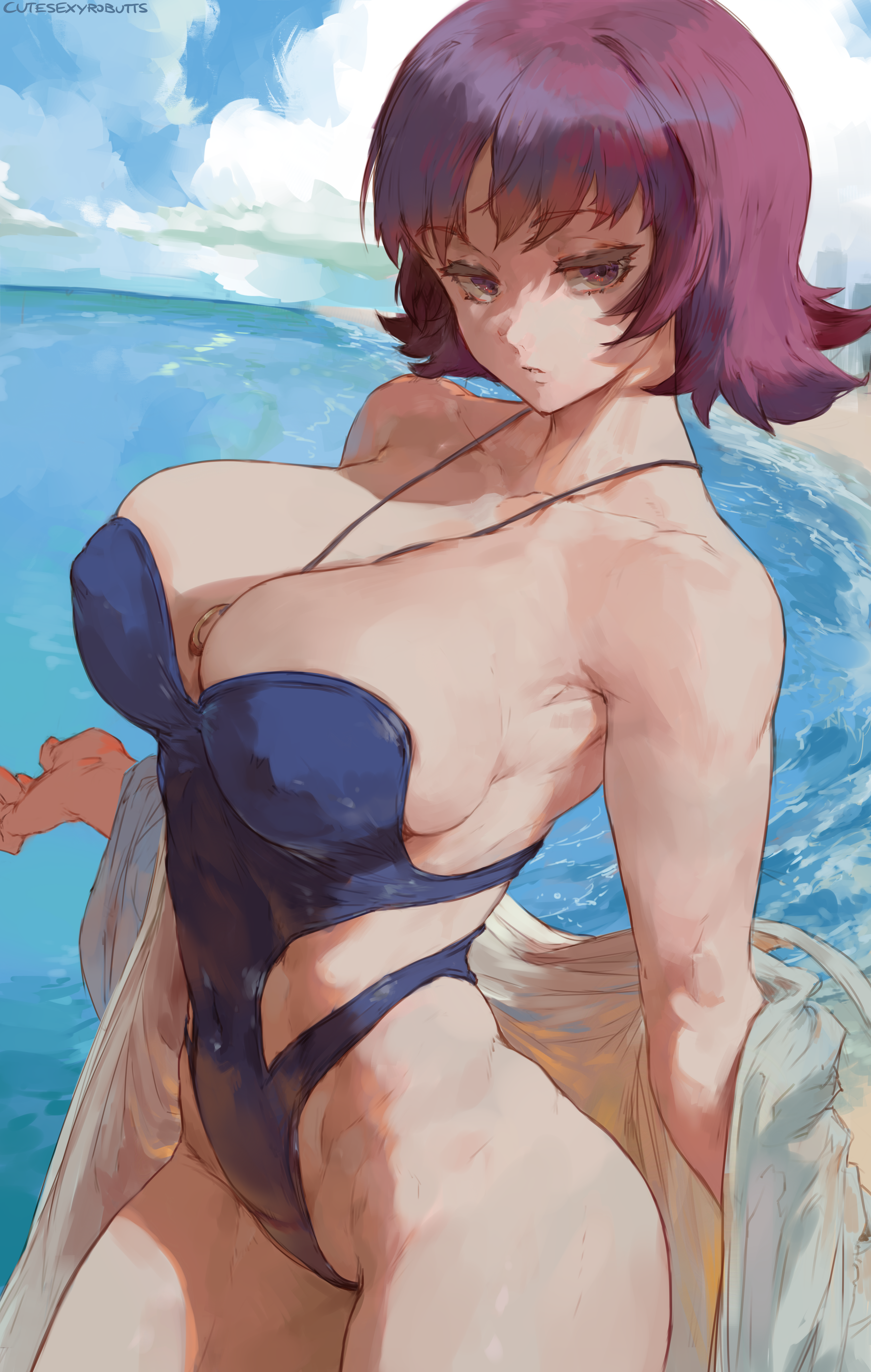 Anime 3526x5550 Professor Ivy Pokémon anime anime girls swimwear one-piece swimsuit bare shoulders big boobs huge breasts curvy sea 2D artwork drawing illustration fan art Cutesexyrobutts Nintendo looking at viewer item between boobs necklace between boobs