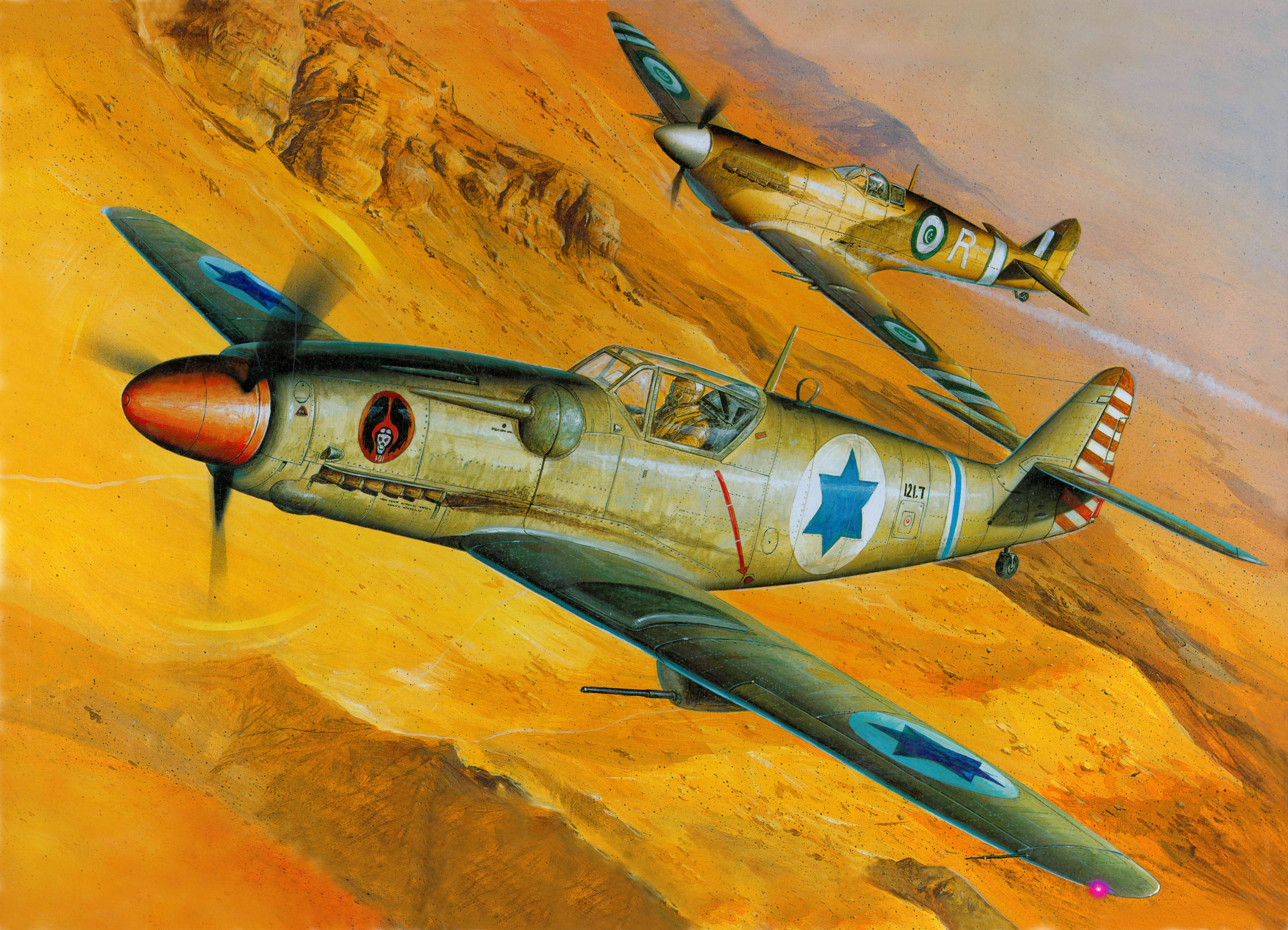 General 5303x3829 World War II airplane artwork Supermarine Spitfire Avia S-199 military aircraft military vehicle vehicle military aircraft Israel Israeli Jewish Boxart Star of David Israel Defense Forces Israeli Air Force Middle East Egyptian Egypt air force British aircraft Supermarine