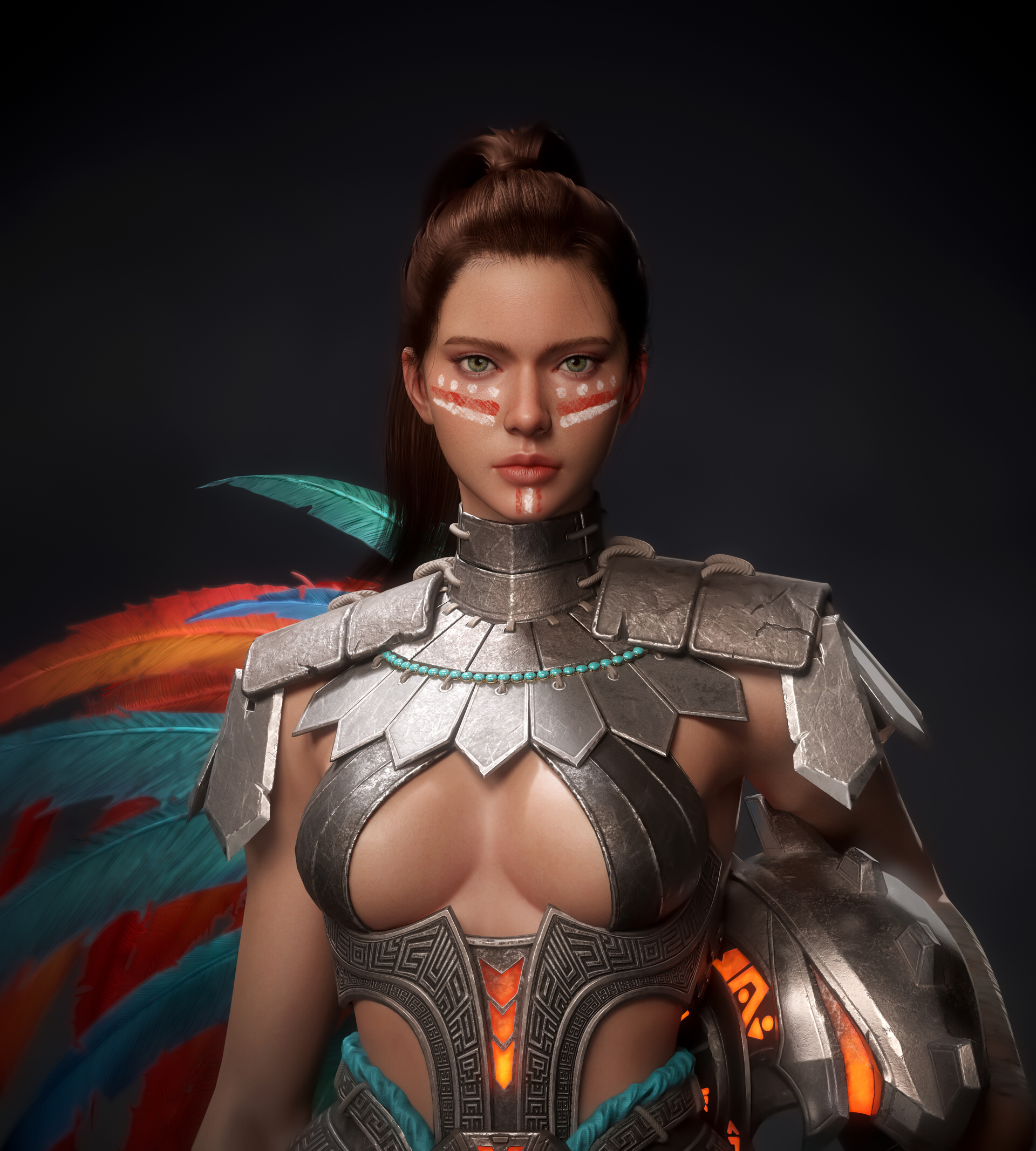 General 1920x2133 Hansol Lee CGI women brunette skimpy clothes armor feathers helmet face paint looking at viewer simple background
