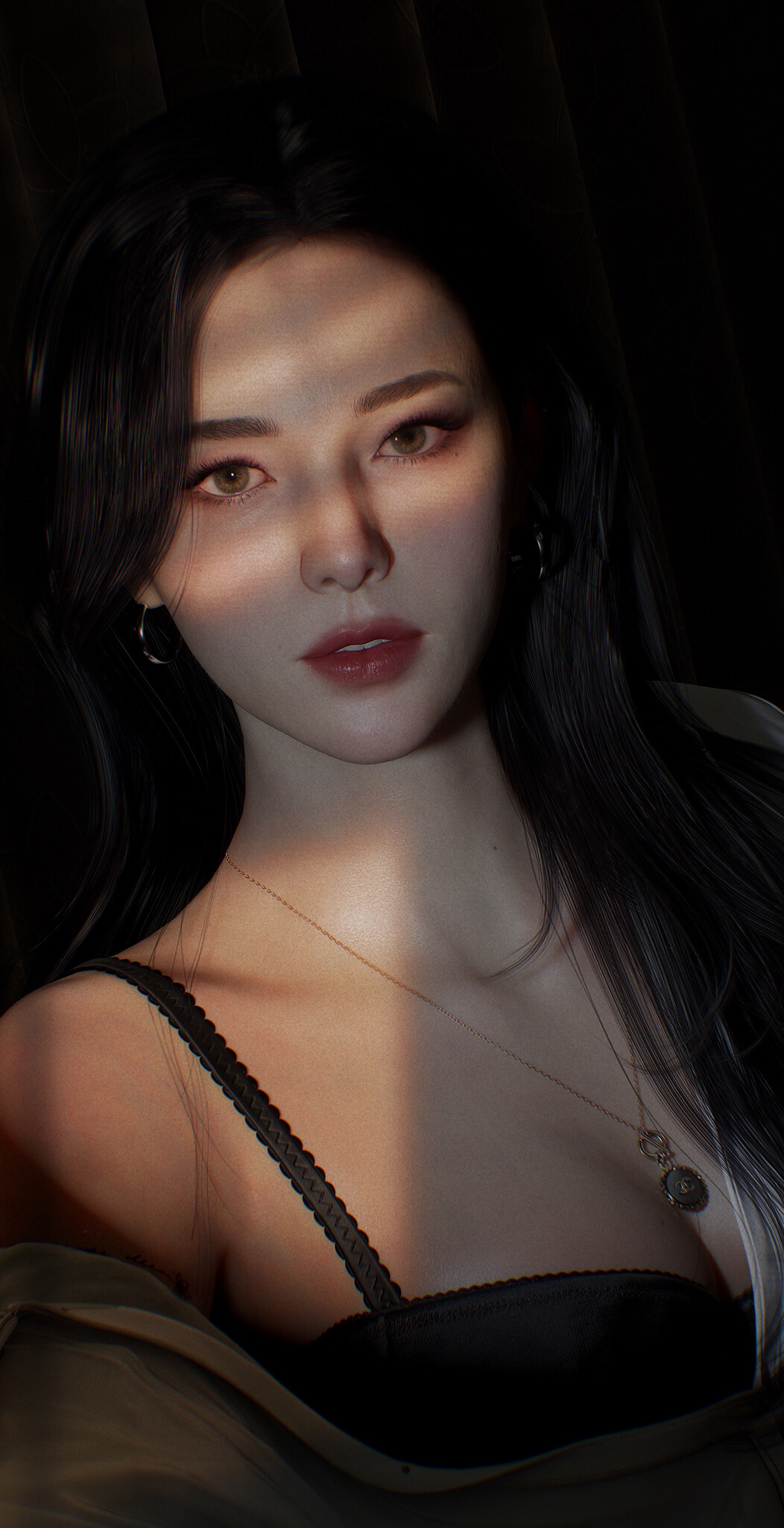 General 1052x2048 Bora Kim CGI women Asian dark hair long hair portrait open clothes bra makeup simple background shadow
