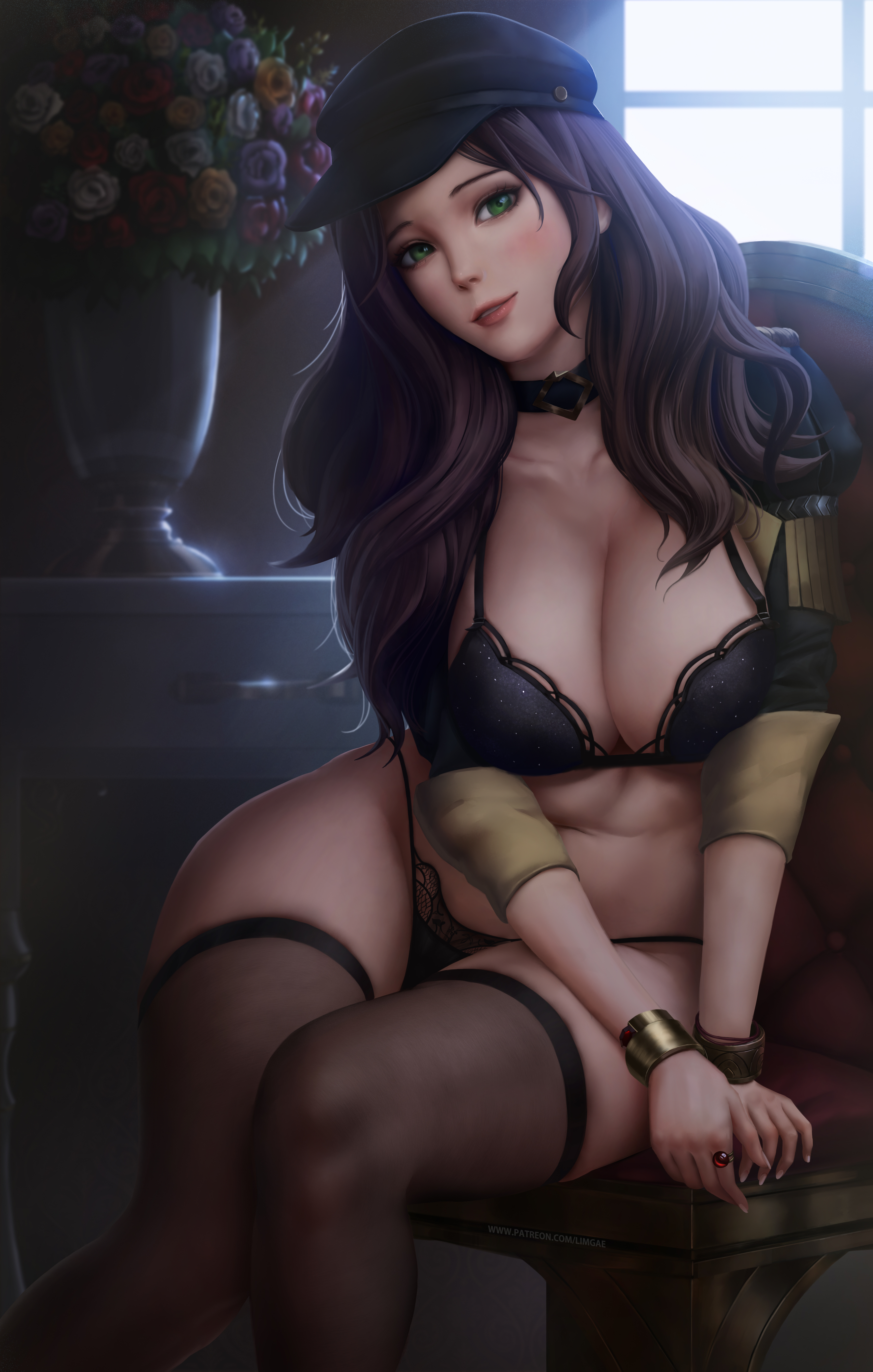 Anime 3424x5382 Dorothea Arnault Fire Emblem video games video game girls berets brunette green eyes looking at viewer parted lips underwear lingerie bra panties huge breasts stockings black stockings curvy thick thigh 2D artwork drawing illustration fan art limgae