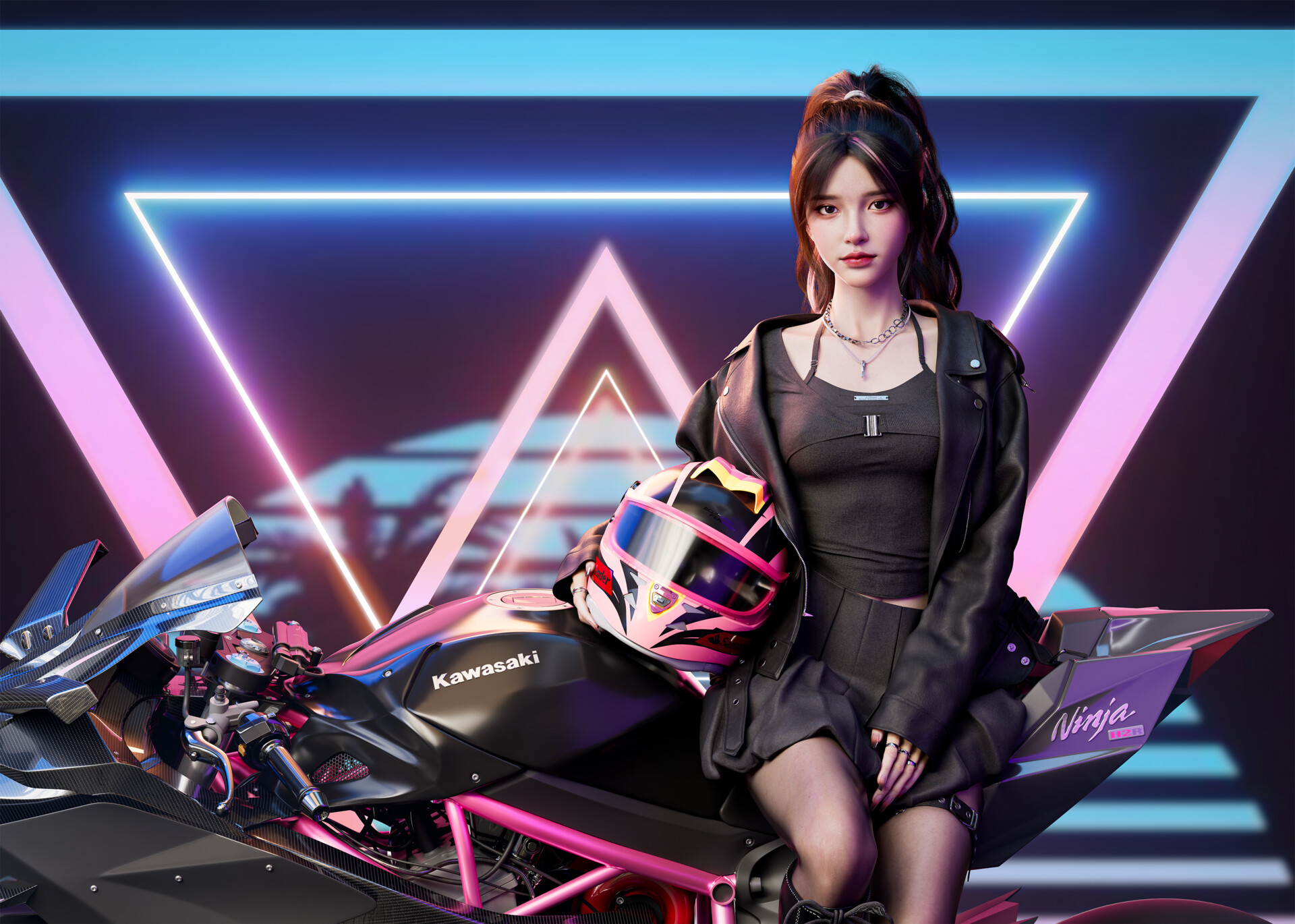General 1920x1370 fantasy girl CGI motorcycle helmet women digital art looking at viewer necklace neon sitting rings long nails closed mouth long hair palm trees vehicle side view