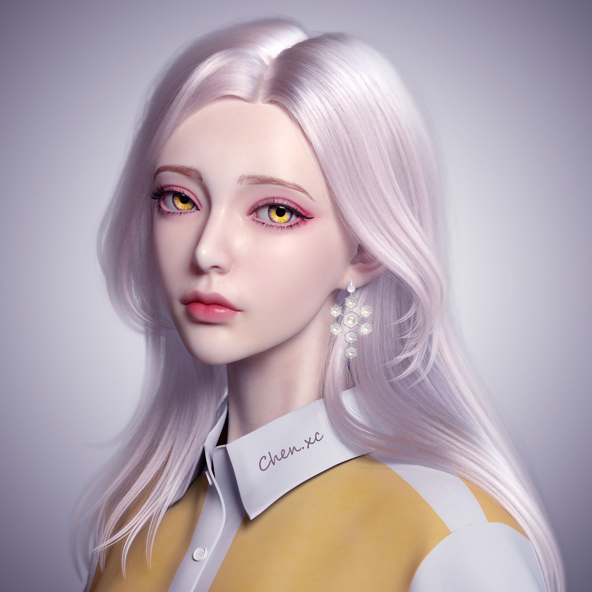 General 1920x1920 Xincheng Chen CGI women yellow eyes long hair makeup simple background silver hair fantasy girl
