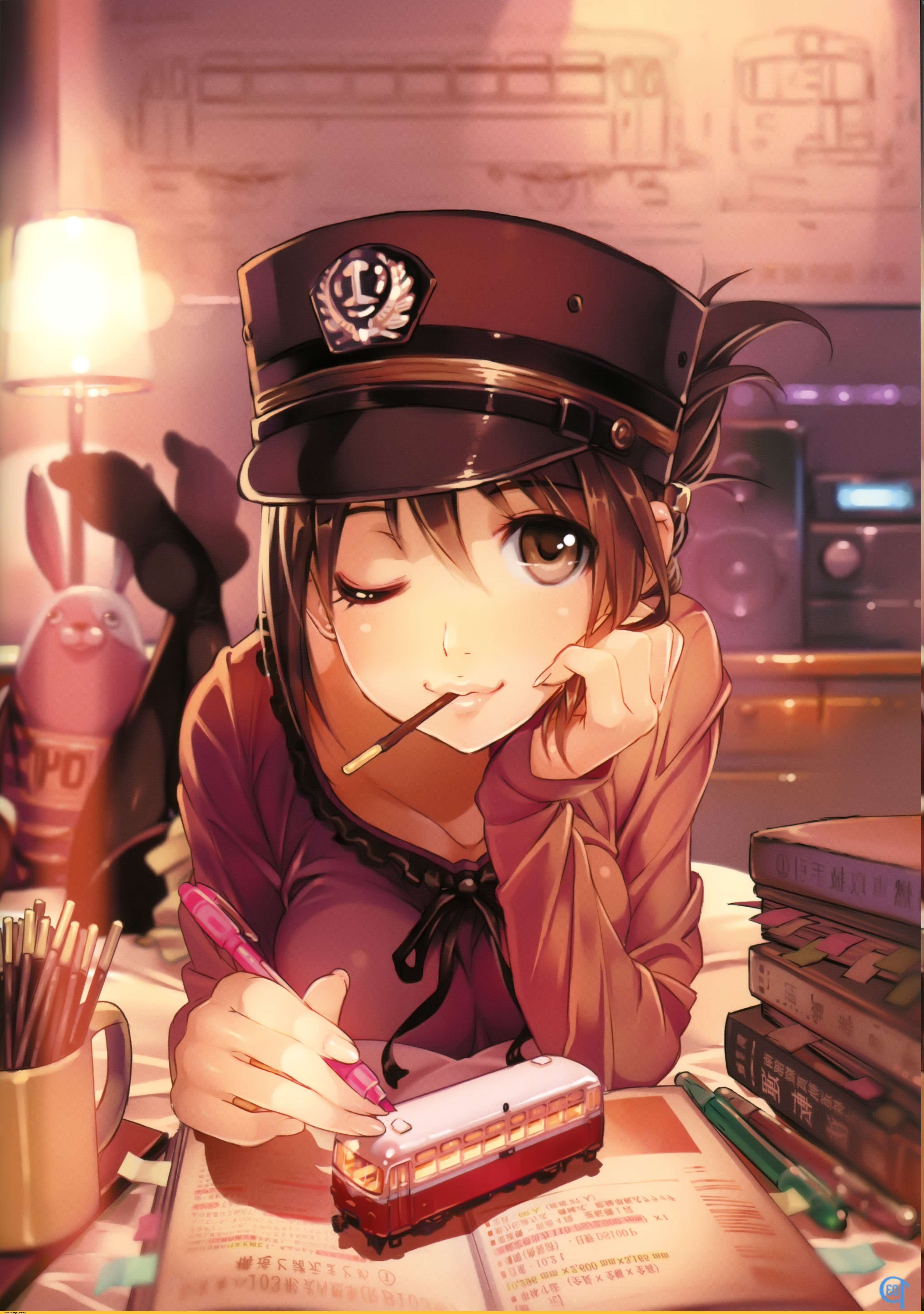 Anime 4238x6025 anime girls hat sweets wink lying on front vania600 artwork brunette brown eyes