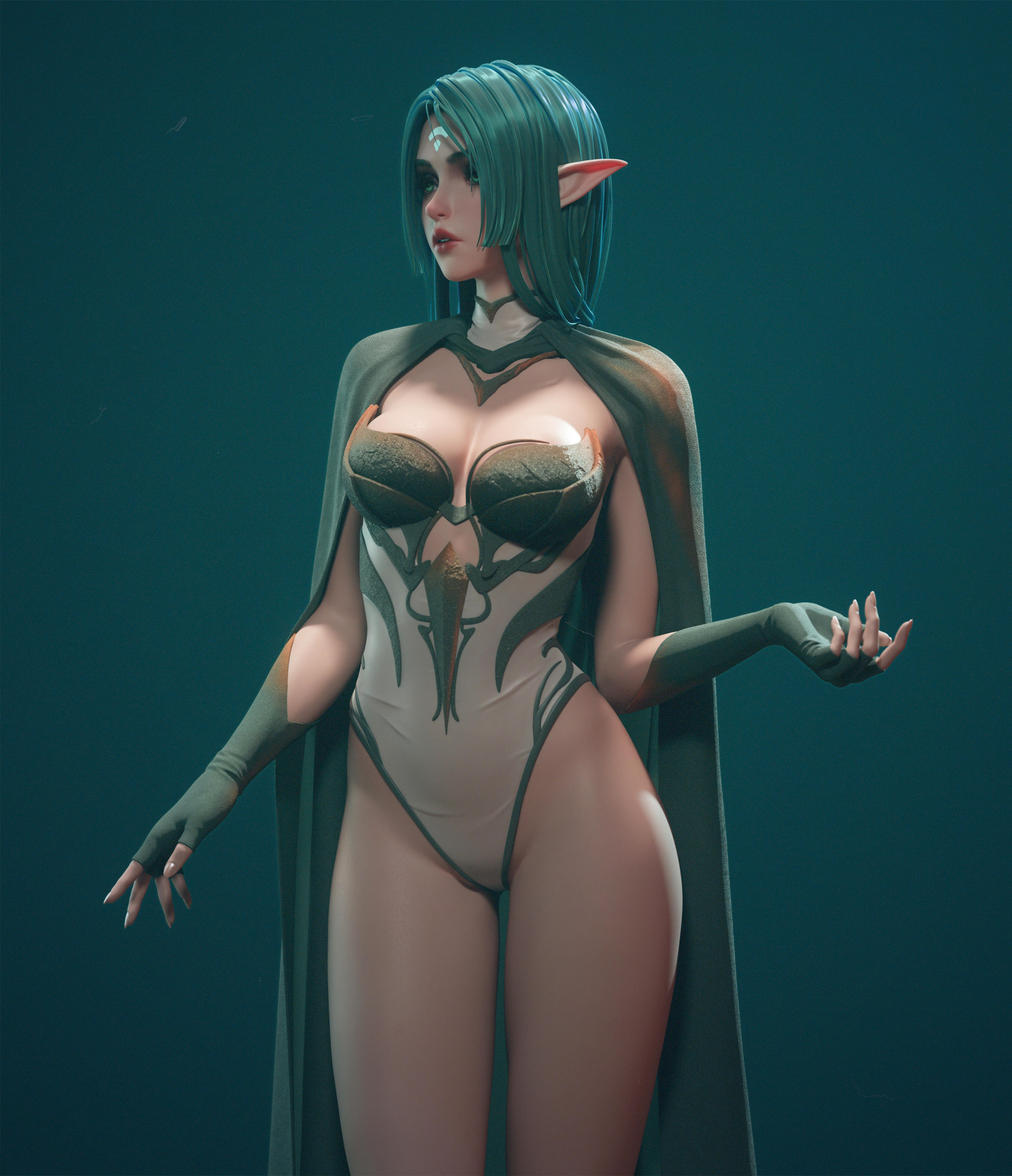 General 3840x4461 Cifangyi CGI elves green hair cape bodysuit simple background women pointy ears fantasy girl
