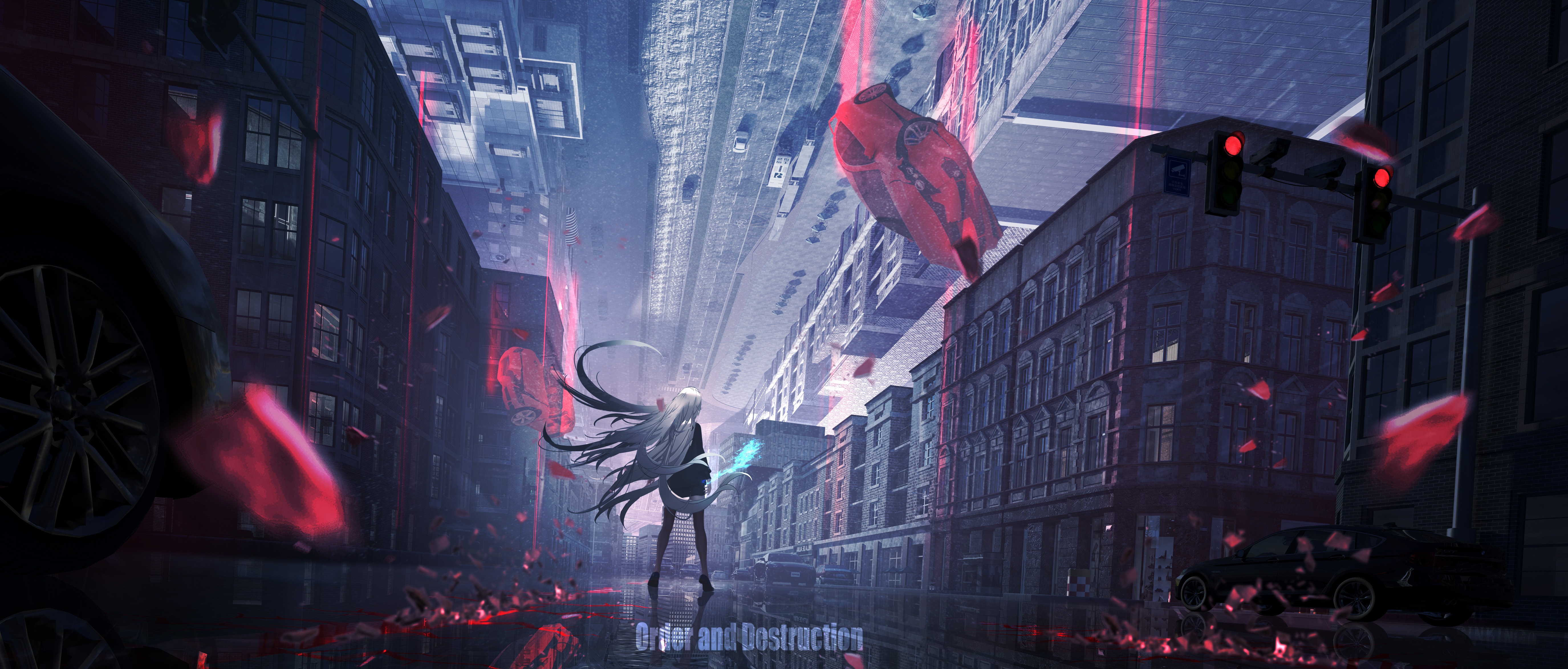 Anime 5500x2346 environment futuristic city digital art artwork illustration anime anime girls long hair white hair Lifeline