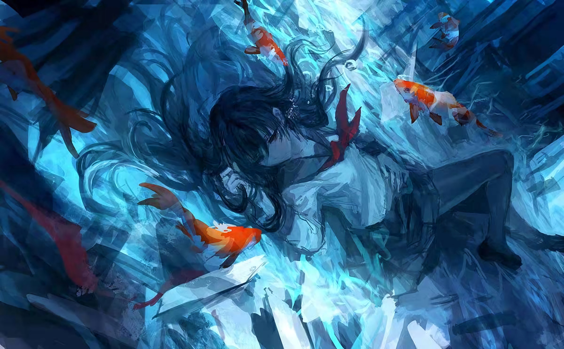 Anime 2400x1488 blue illustration anime anime girls fish underwater water school uniform schoolgirl women animals long hair lying on back black hair