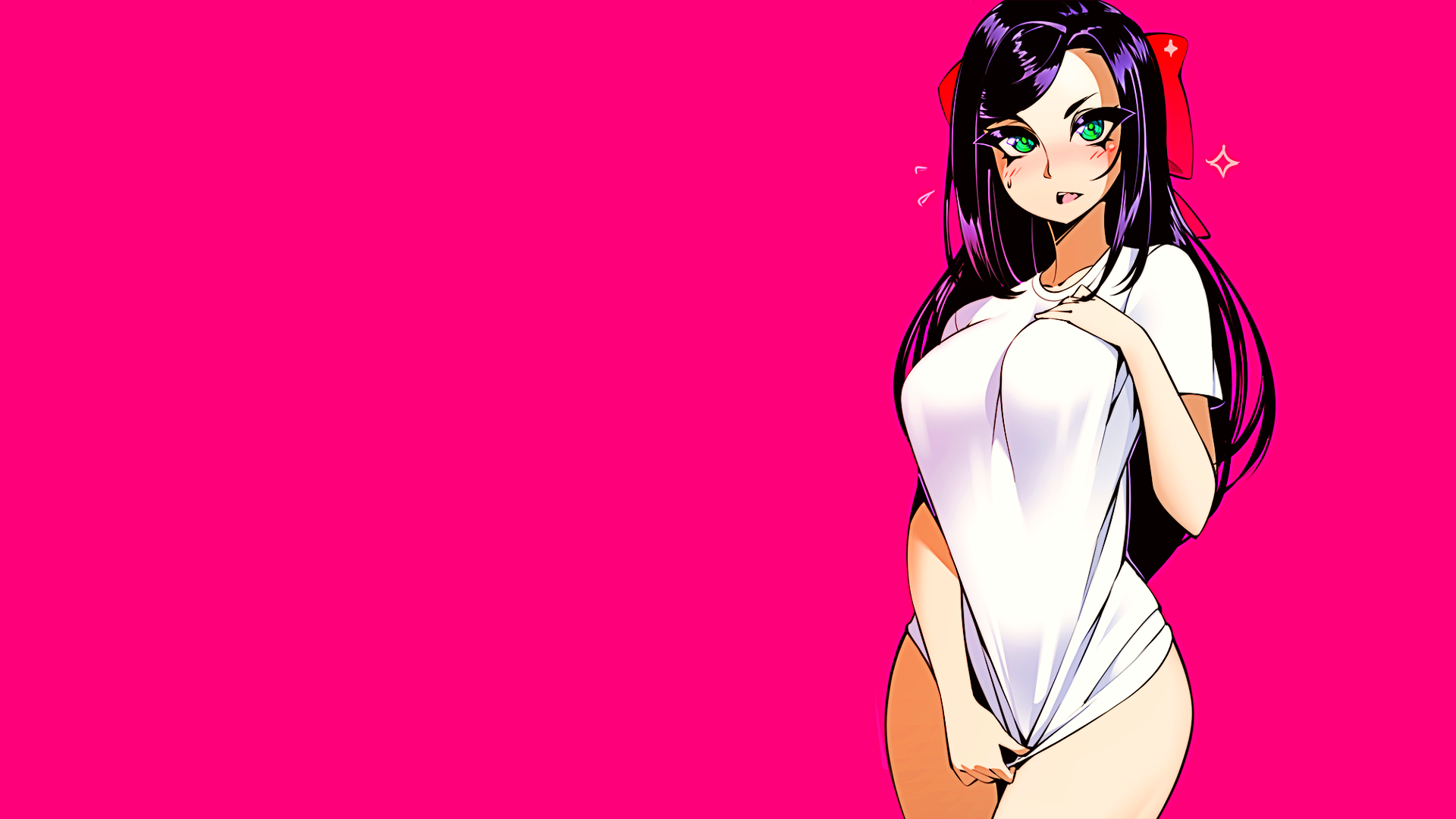 Anime 1920x1080 black hair dark hair red ribbon ribbon white shirt thighs fangs Halphelt anime girls nopan