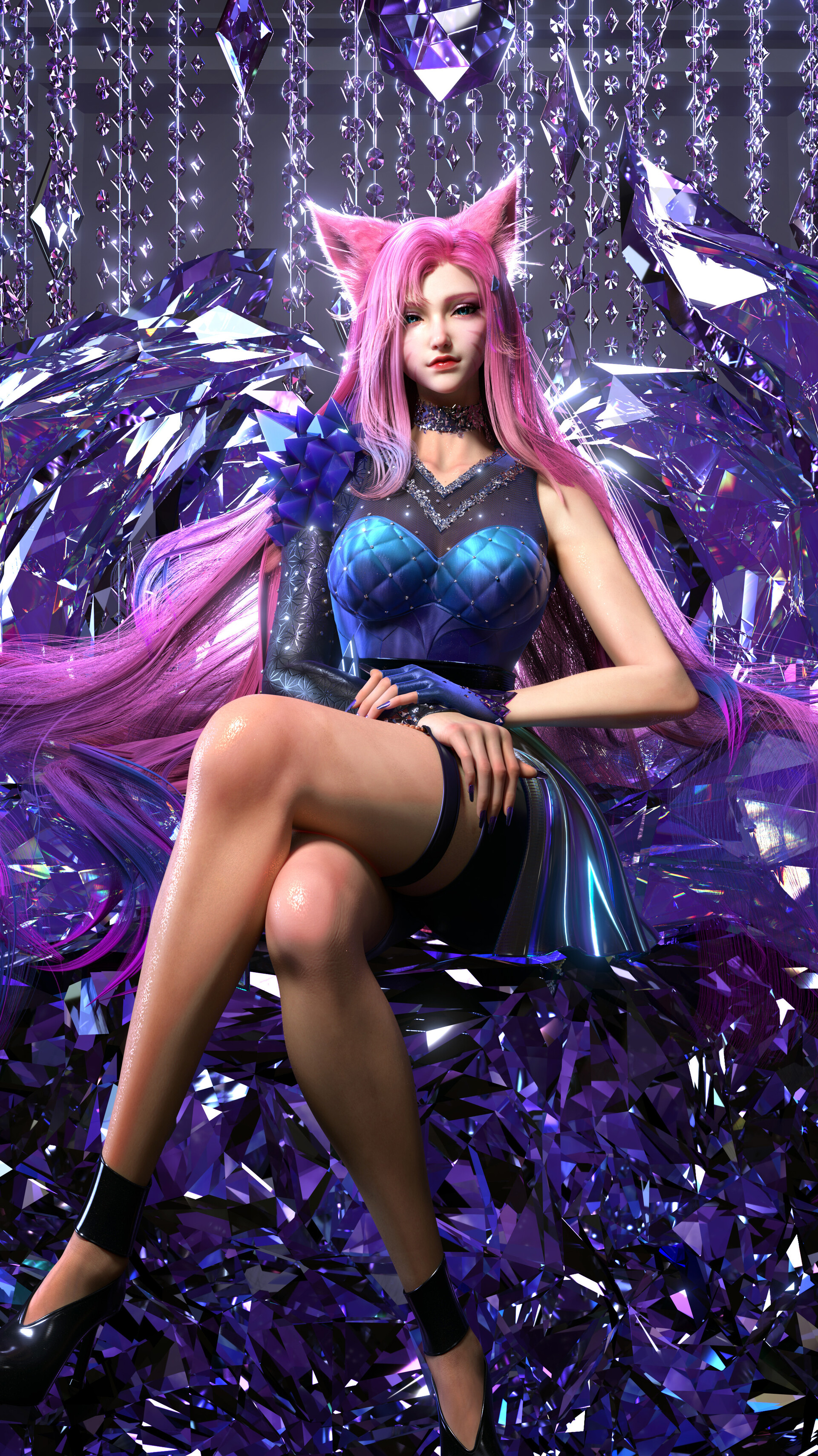 General 1920x3413 Zoey Yi CGI women Ahri (League of Legends) pink hair fox girl K/DA purple legs crossed straps gems portrait display digital art