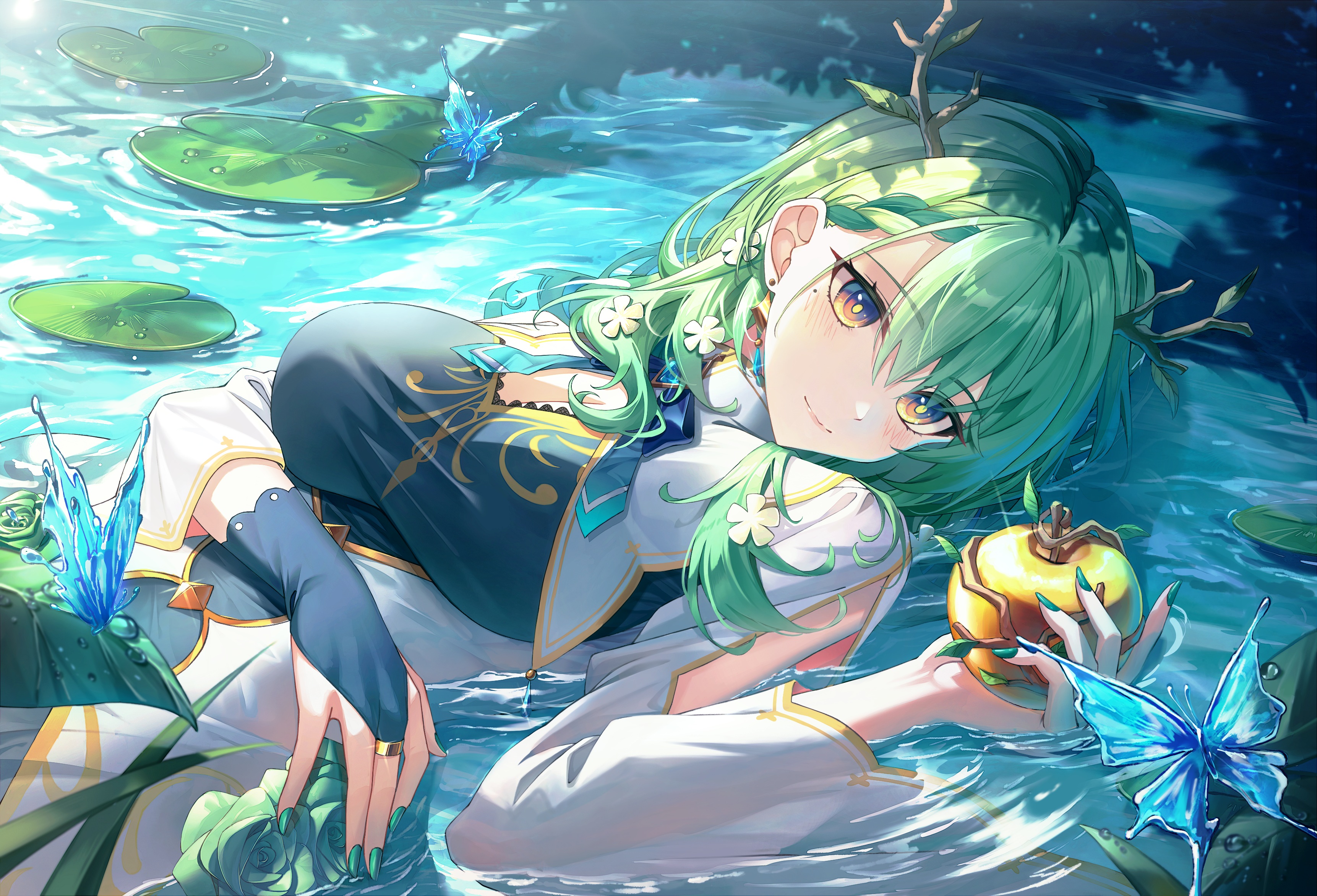 Anime 3446x2345 anime anime girls yellow eyes water butterfly Hololive Ceres Fauna