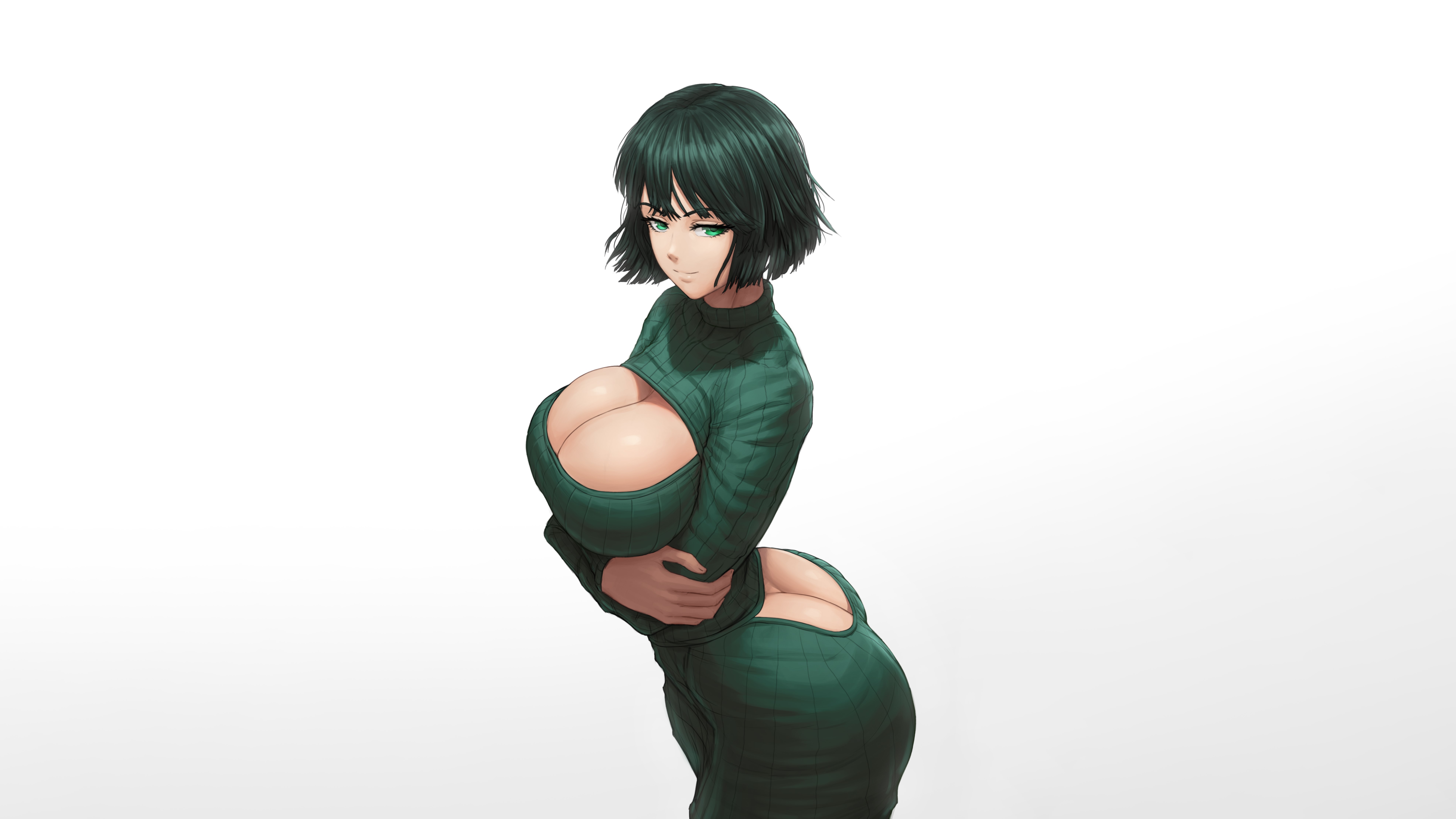 Anime 7882x4433 Fubuki One-Punch Man Virgin Killer Sweater cleavage butt crack boobs big boobs skimpy clothes holding boobs thick ass ass wide hips low neckline green hair green eyes smiling bob hairstyle arms crossed anime anime girls huge breasts white background simple background