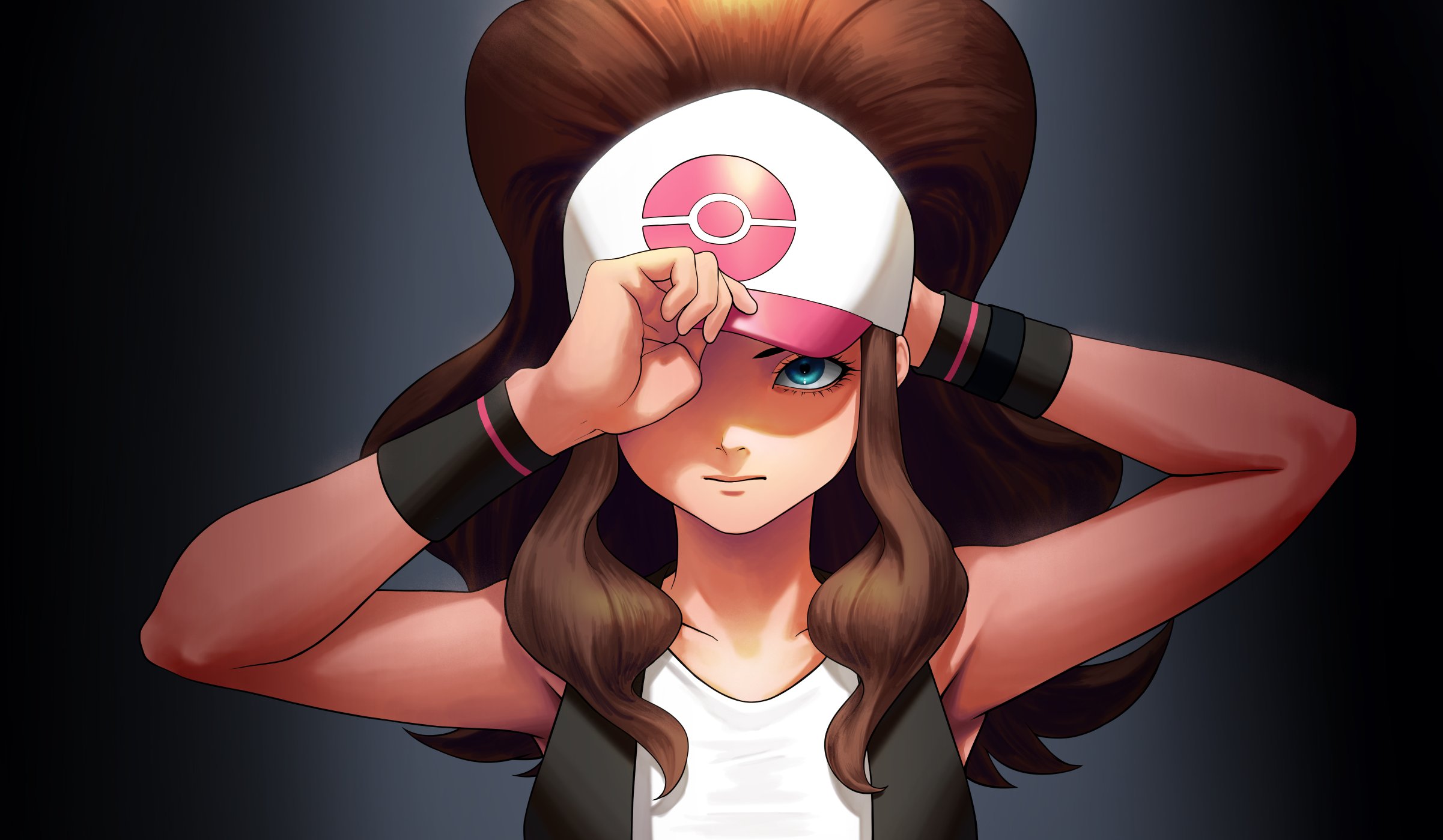 Anime 2402x1399 anime anime girls Pokémon Hilda (Pokémon) long hair ponytail brunette solo artwork digital art fan art hat