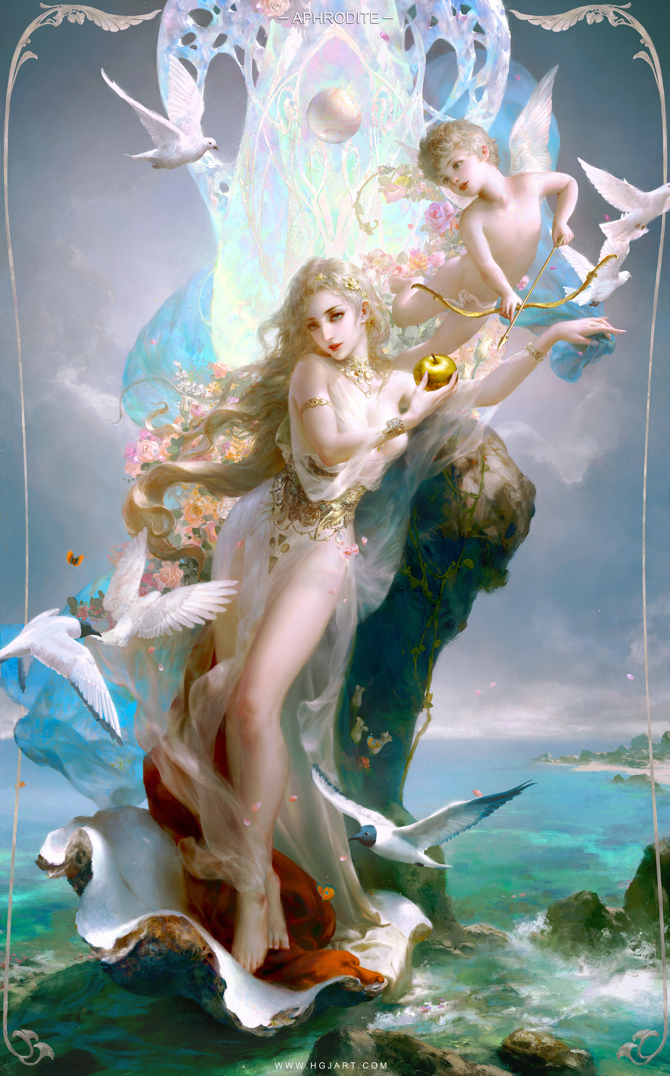 General 1366x2191 Huang Guangjian artwork oil painting fantasy girl angel birds wings angel wings Aphrodite