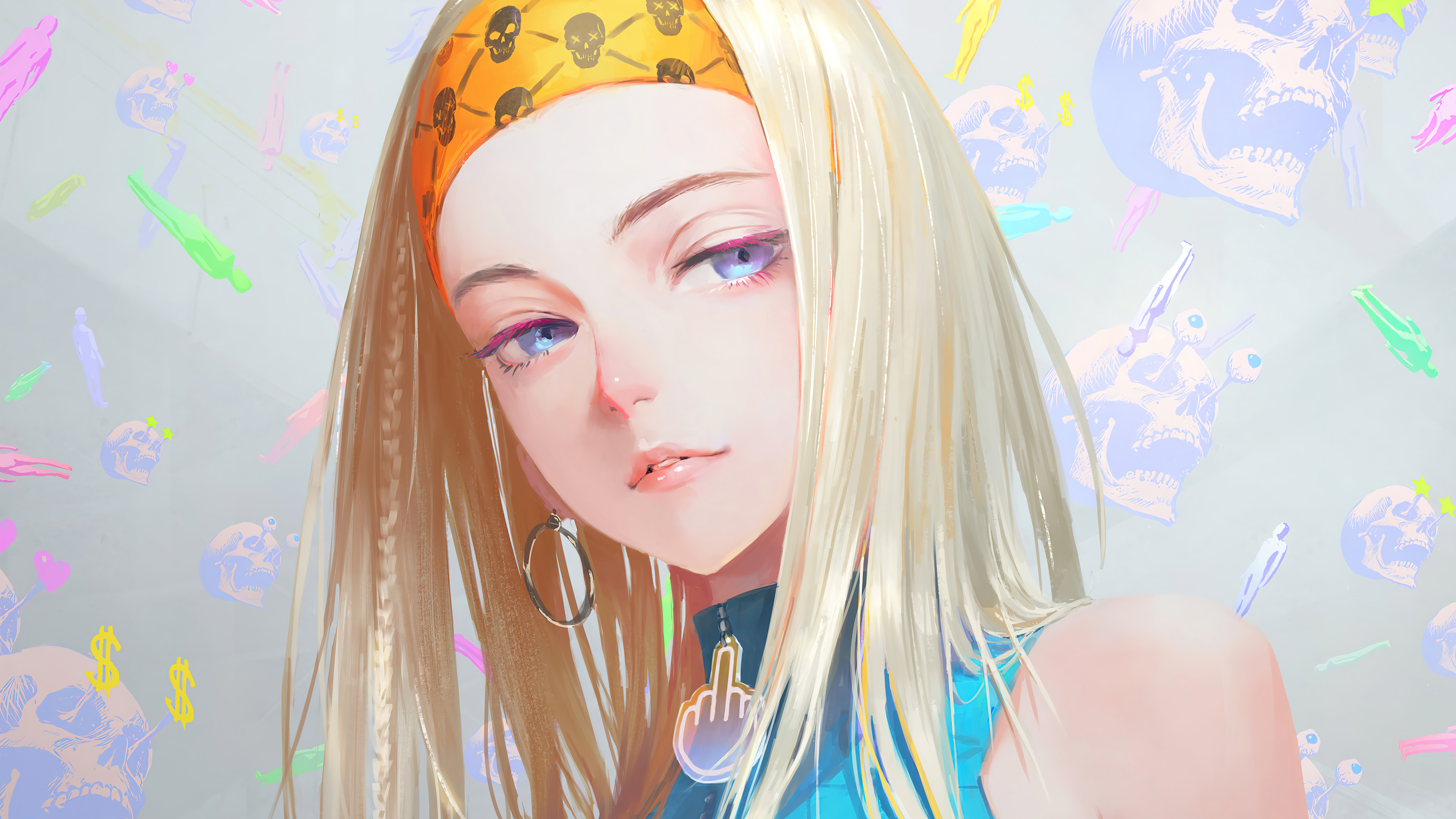 Anime 3840x2160 anime girls digital art hairband blue eyes blonde cropped artwork Arata Yokoyama hippie  skull