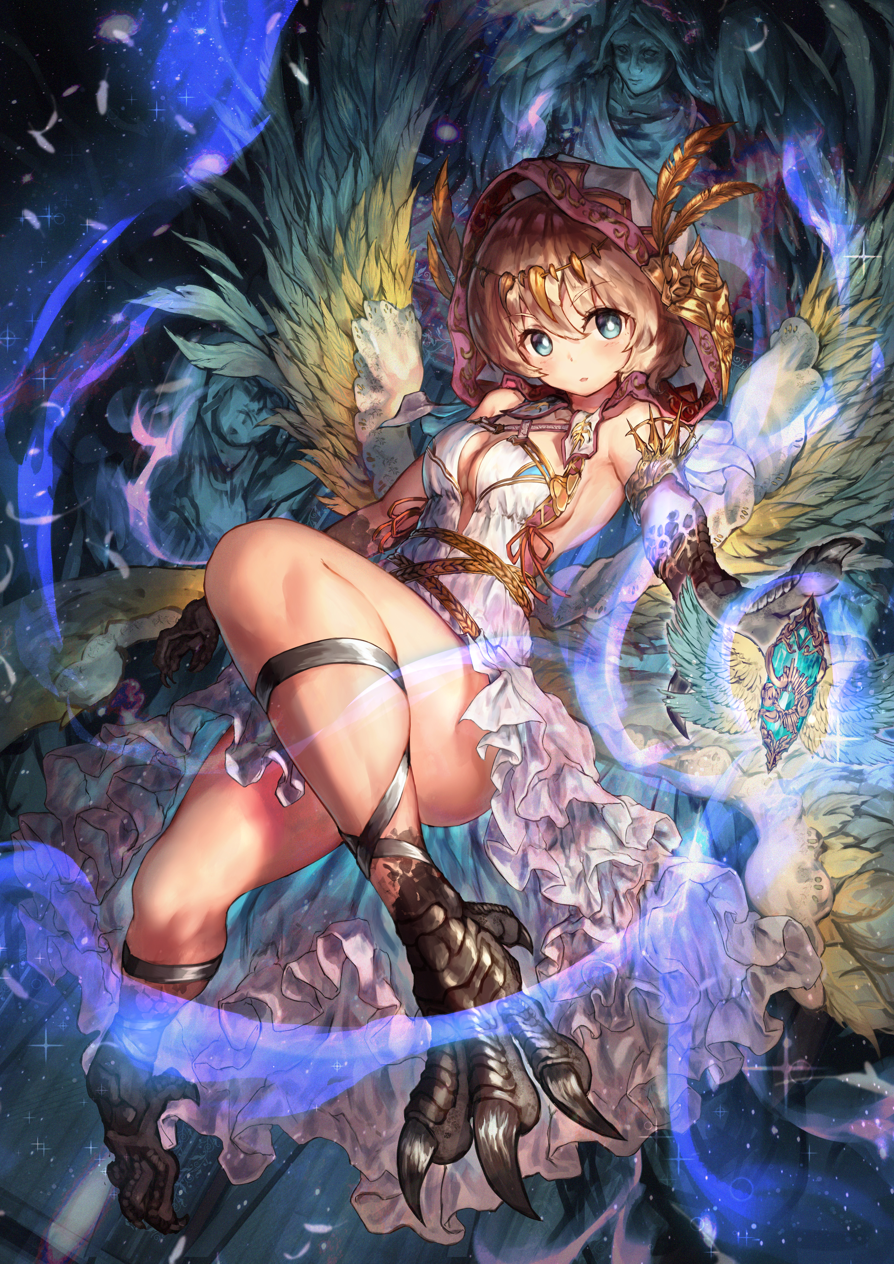 Anime 2894x4093 harpy wings anime girls armlet blonde blue eyes blushing cleavage brunette claws dress feathers frill dress frills jewelry looking at viewer monster girl short hair sideboob sparkles thighs white dress