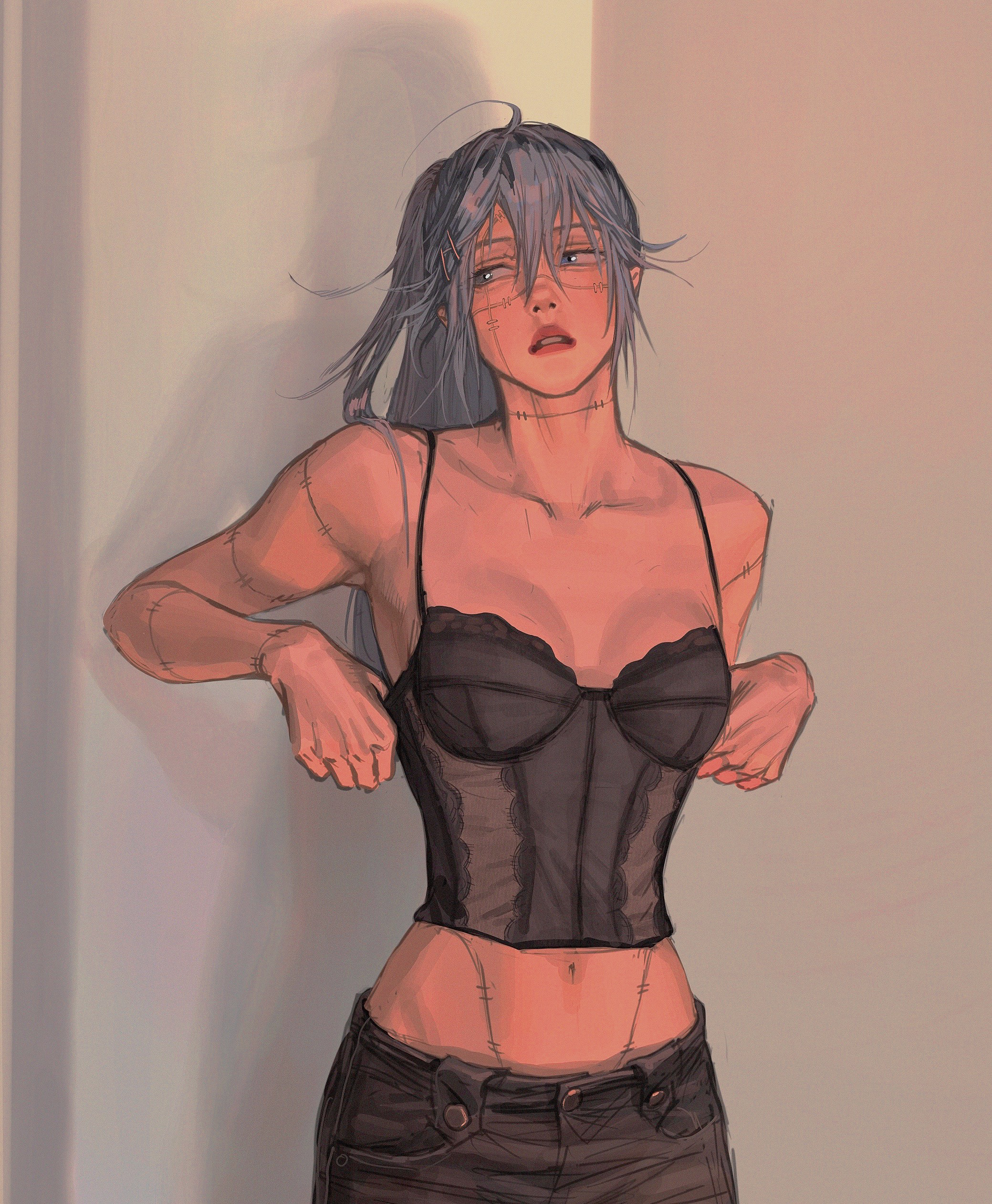 Anime 2079x2524 genderswap anime girls scars small boobs cleavage belly parted lips ahoge bustiers black pants black lingerie pink lipstick ponytail bangs 2D Mahito (Jujutsu Kaisen) blue hair long hair alternate costume ecchi belly button looking away juicy lips blue eyes solo hair clip women indoors fan art standing no bra heterochromia gray eyes women Pixiv bare midriff