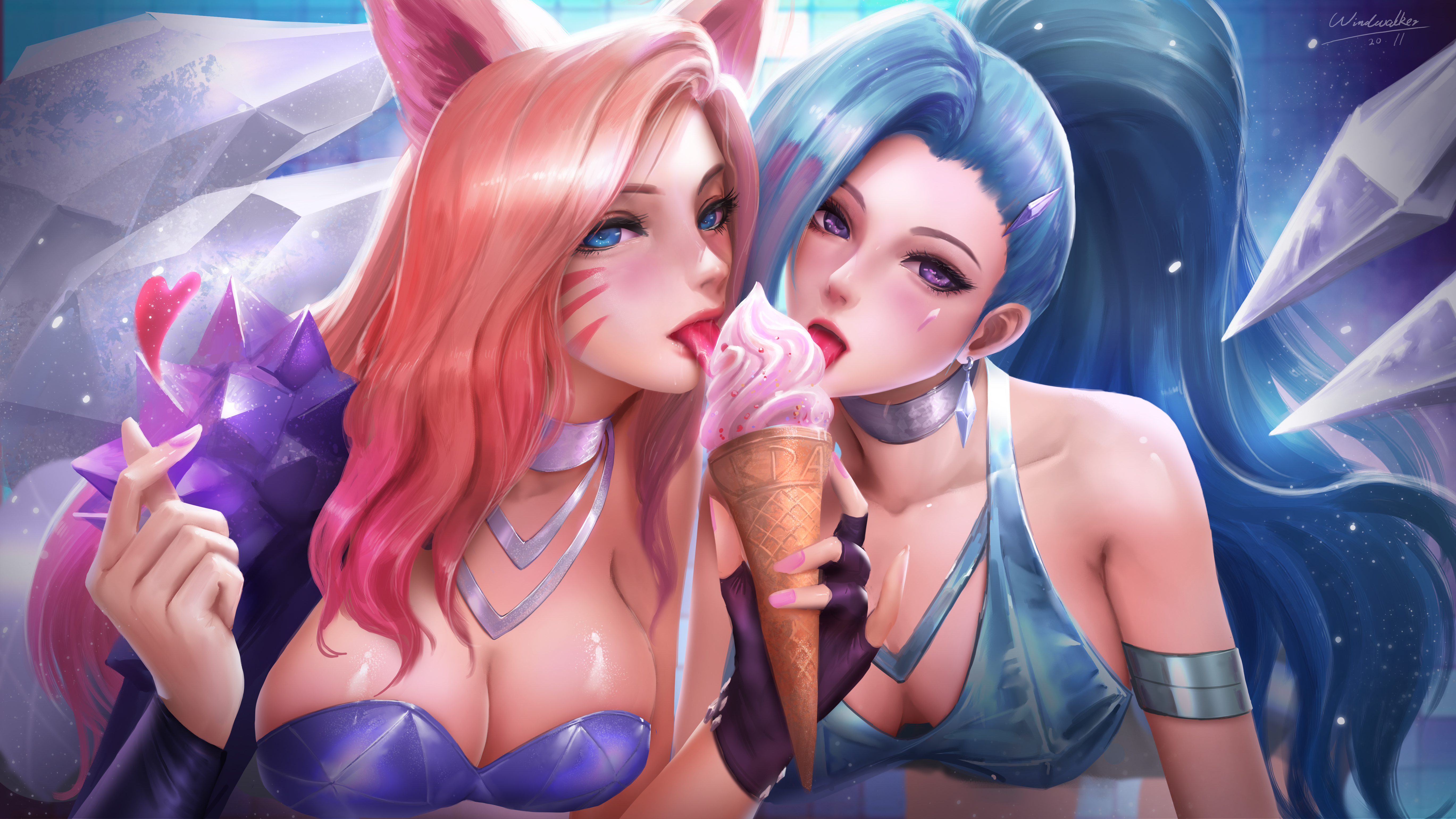 General 5476x3080 Ahri (League of Legends) fantasy girl fox ears fox girl pink hair blushing tongue out suggestive