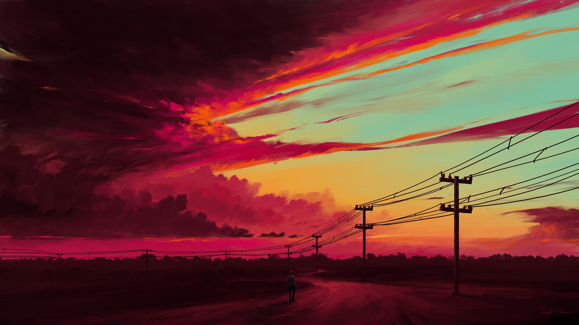 General 1920x1080 landscape sunset digital art clouds power lines sky BisBiswas red