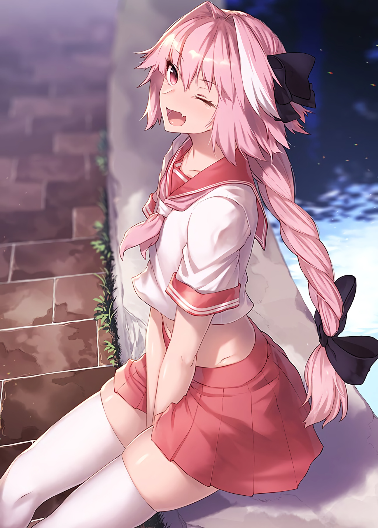thighs, belly, bangs, open mouth, one eye closed, looking at viewer, pink  hair, white hair, long hair, crossdressing, curvy, sitting, pink eyes, men  outdoors, Ibuki Notsu, Fate/Grand Order, Fate/Apocrypha , Fate series,