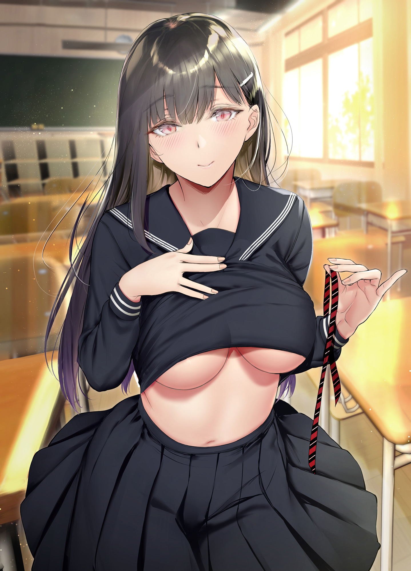Anime 1438x2000 anime anime girls Gentsuki classroom school uniform dark hair lifting shirt no bra underboob