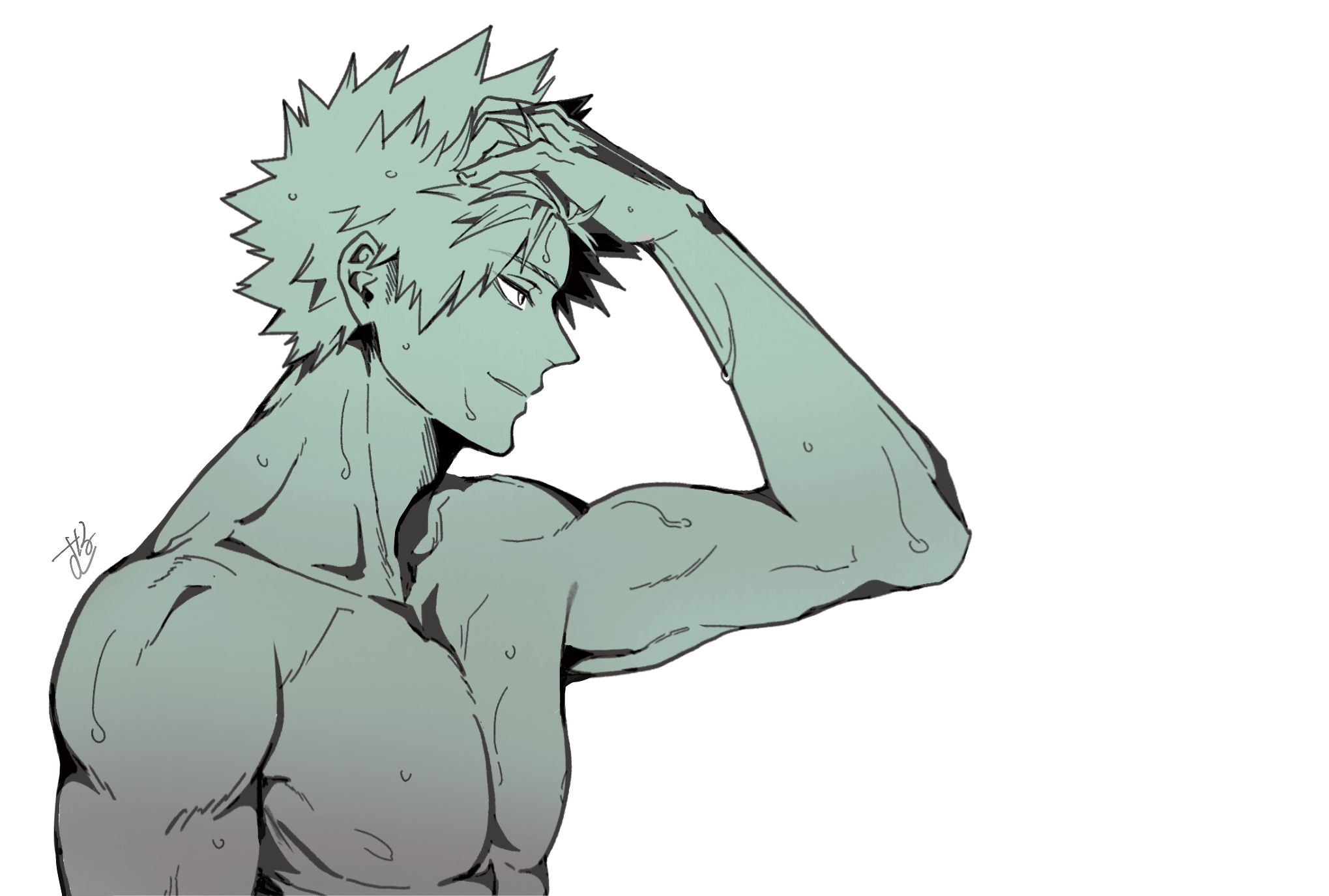 Anime 2039x1375 anime boys Katsuki Bakugou blonde muscles muscular sweat simple background