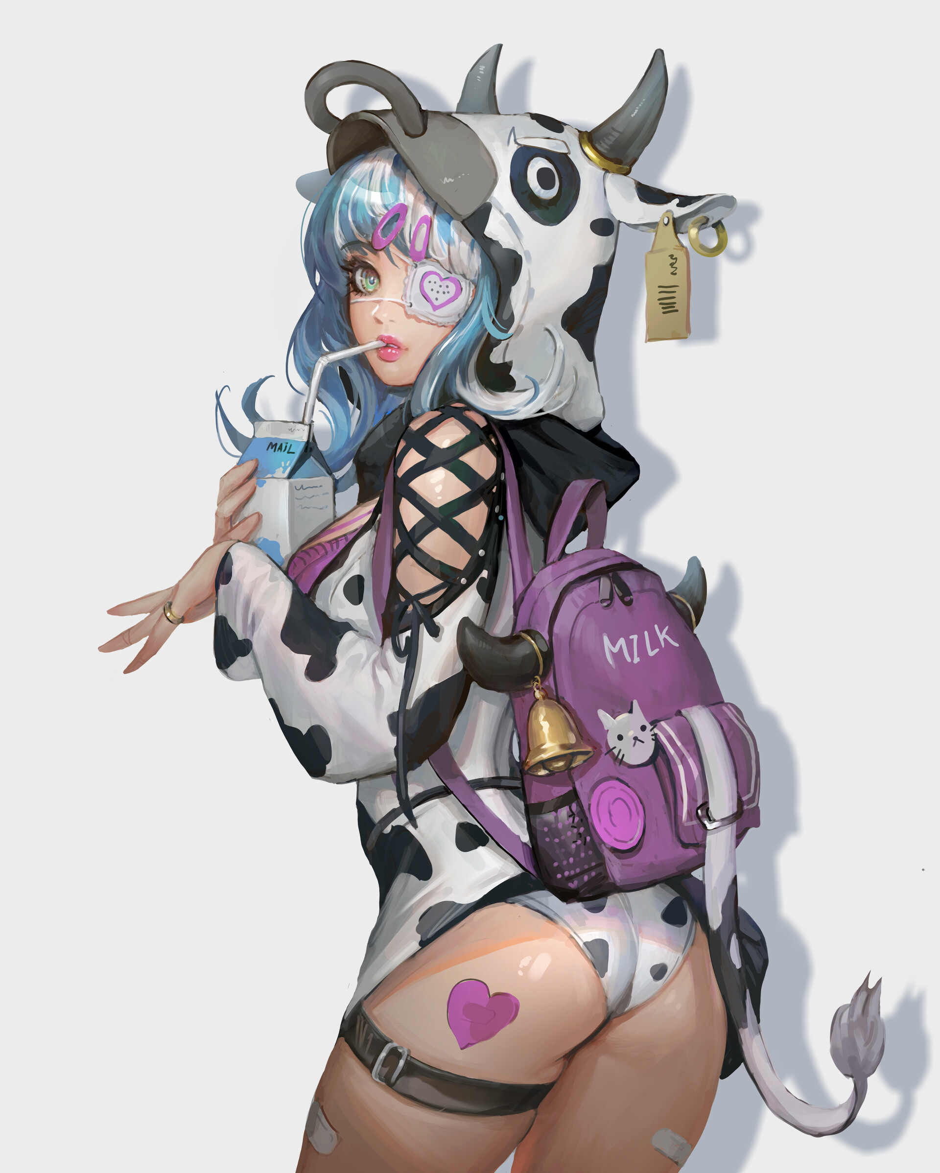 Anime 1920x2396 In Shoo anime anime girls panties milk blue hair looking at viewer simple background white background backpacks eyepatches cow girl ass