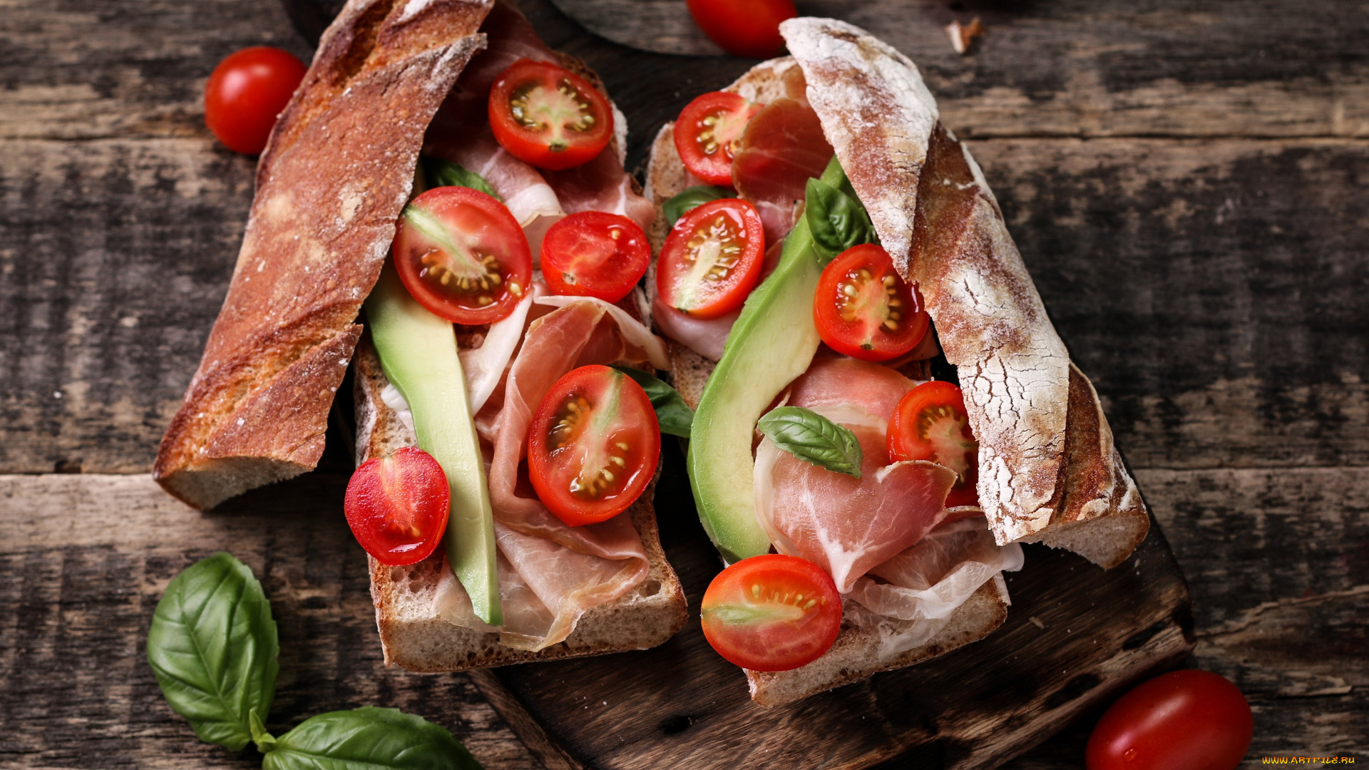General 1920x1080 sandwiches tomatoes vegetables bread food prosciutto basil avocados wooden surface