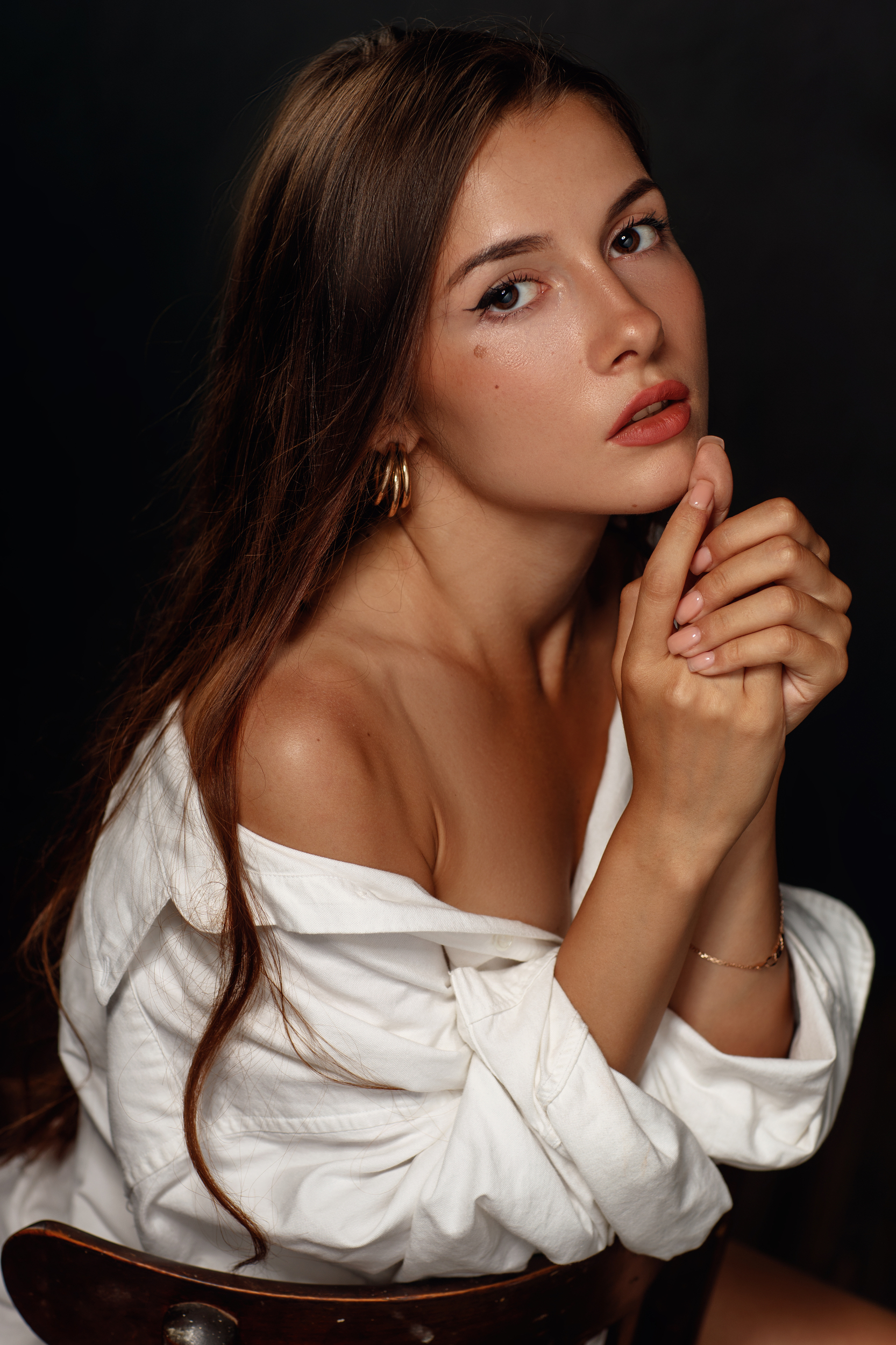 People 1666x2500 Sergey Sorokin women brunette long hair makeup jewelry lipstick parted lips white clothing chair