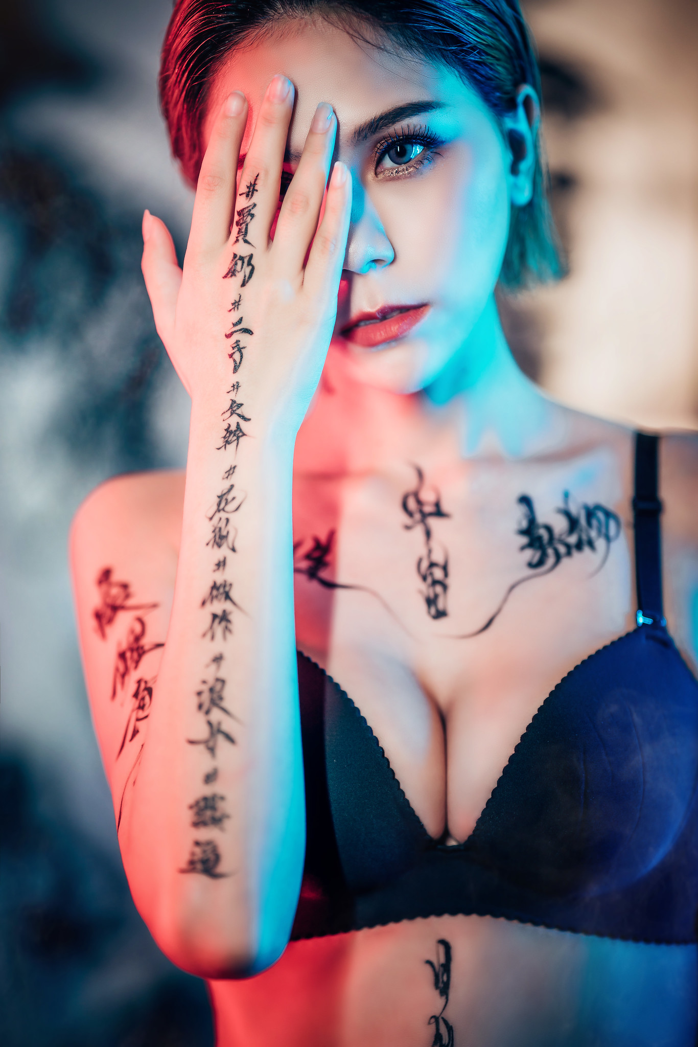 People 1366x2048 women Asian boobs bra blue bra blue underwear model inked girls hand on face makeup looking away cleavage calligraphy body paint Lyla Ho portrait display closeup