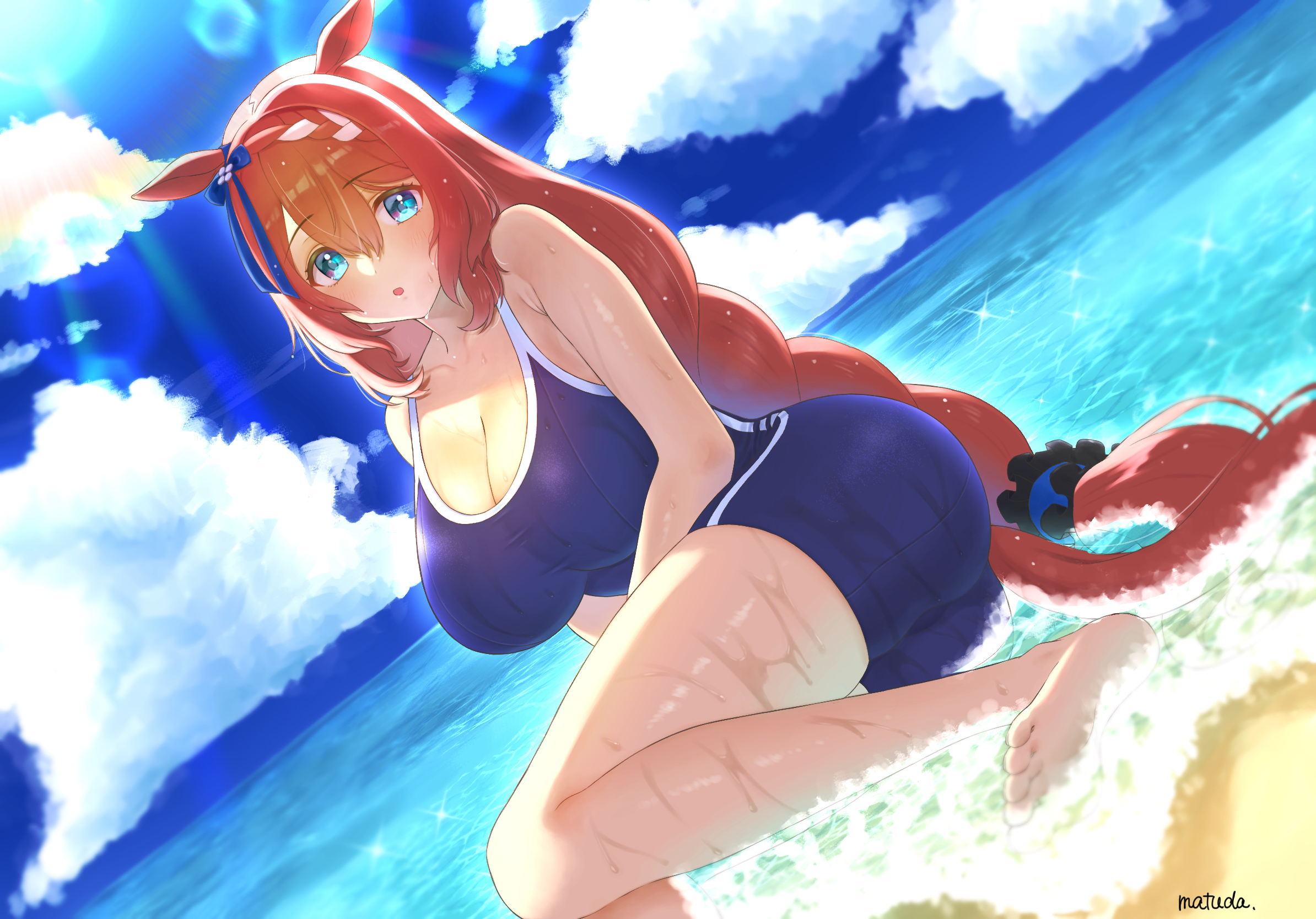 Anime 2388x1668 Uma Musume Pretty Derby cleavage big boobs thighs braids blushing ecchi curvy looking at viewer wet body open mouth anime girls ass cameltoe bare shoulders tail long hair blue eyes animal ears Super Creek (Uma Musume) women on beach brunette erotic art  barefoot water drops bangs clouds 2D anime alternate costume school swimsuits horse girls fan art hair ribbon french braids artwork