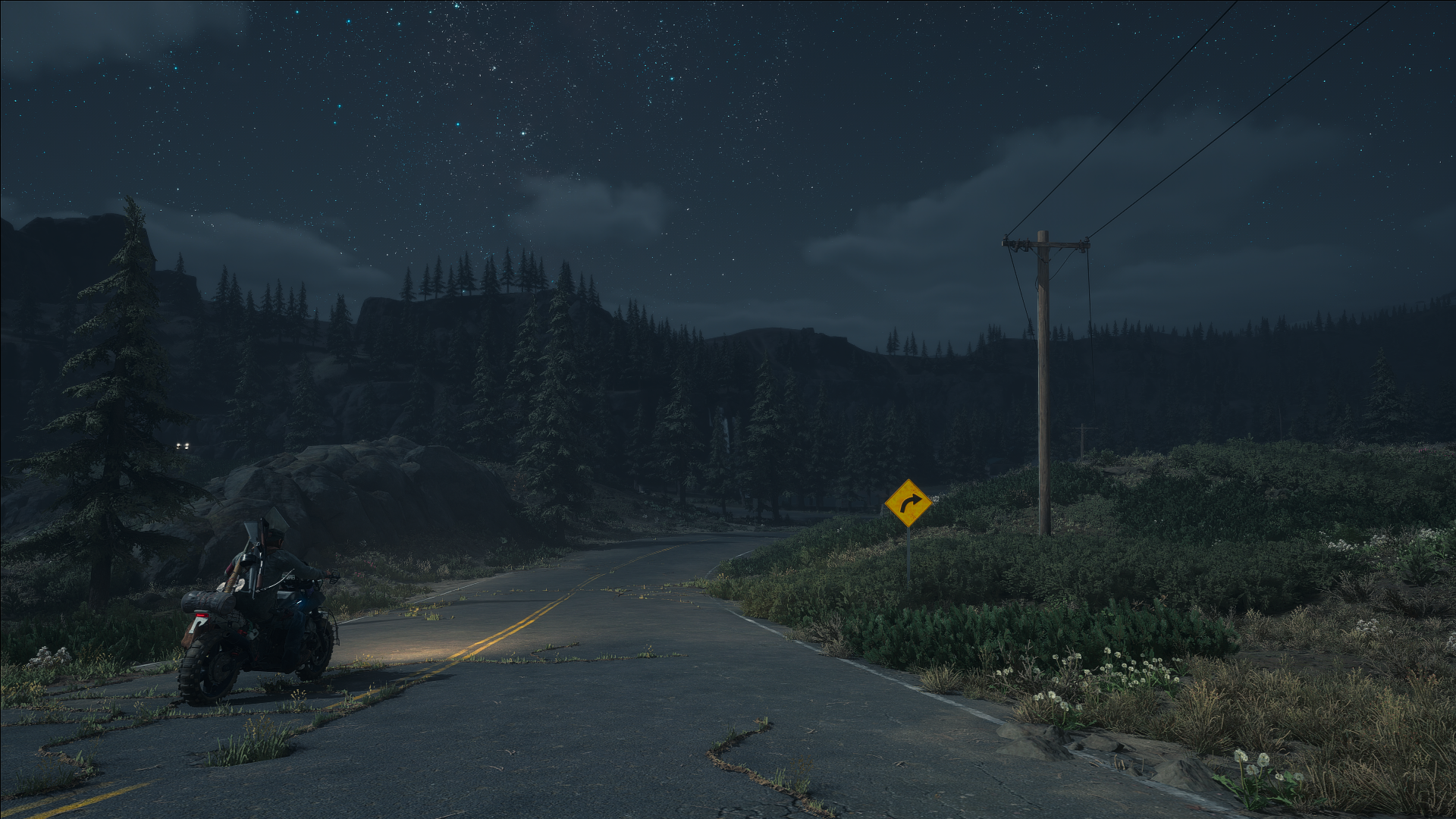 General 1920x1080 Days Gone screen shot sign Deacon St John video games headlights motorcycle trees video game art night sky stars road video game characters CGI gun boys with guns flowers vehicle video game men