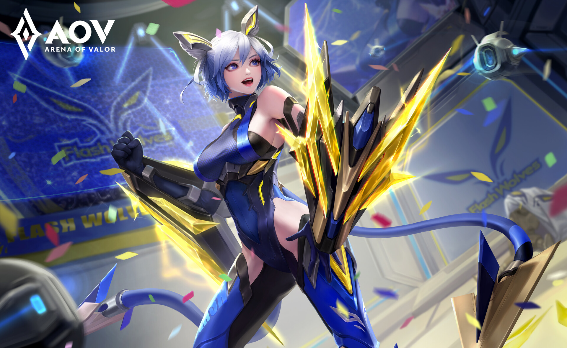 Anime 1920x1180 Liz Son drawing women anime girls blue hair looking away open mouth bodysuit armor blue clothing Arena of Valor video game art tail