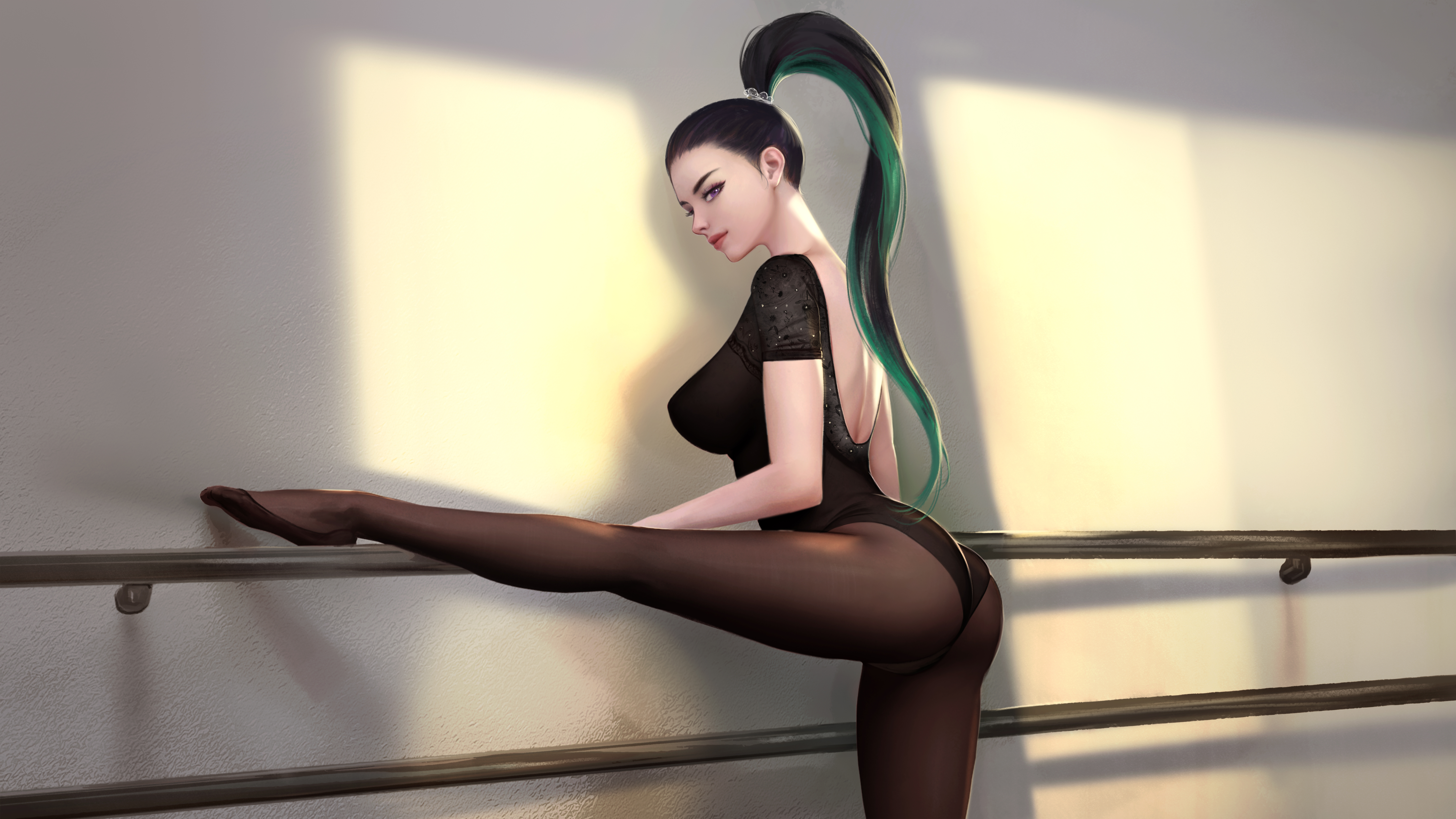 General 7000x3938 Kai'Sa (League of Legends) League of Legends video games video game girls ponytail long hair looking at viewer profile ballerina pointed toes stretching leotard bodysuit pantyhose ballet slippers ass artwork drawing video game characters illustration fan art Firolian