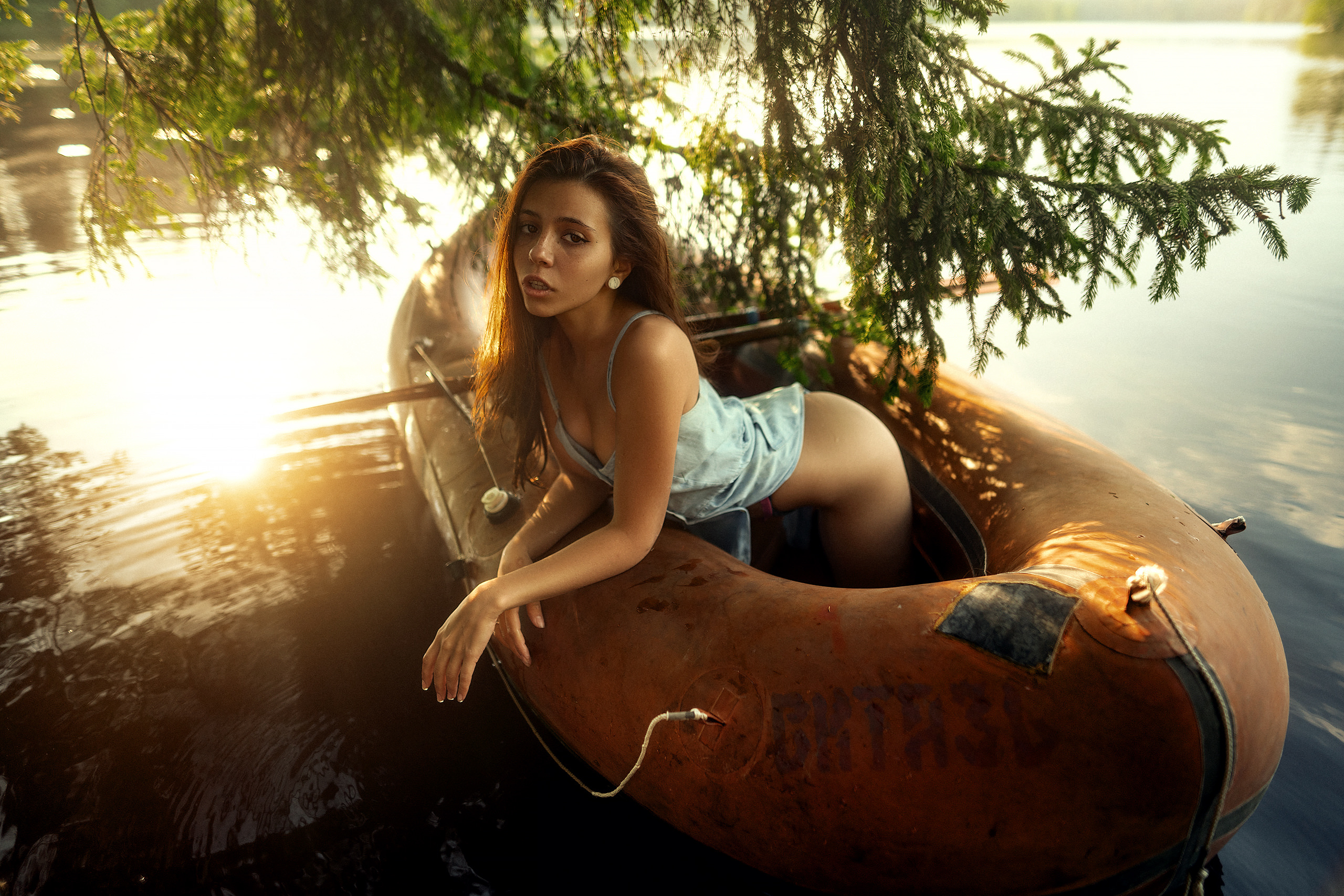 People 2560x1707 women kneeling dress river brunette women outdoors raft boat panties freckles model bent over Pole Vasilkov cleavage sensual gaze