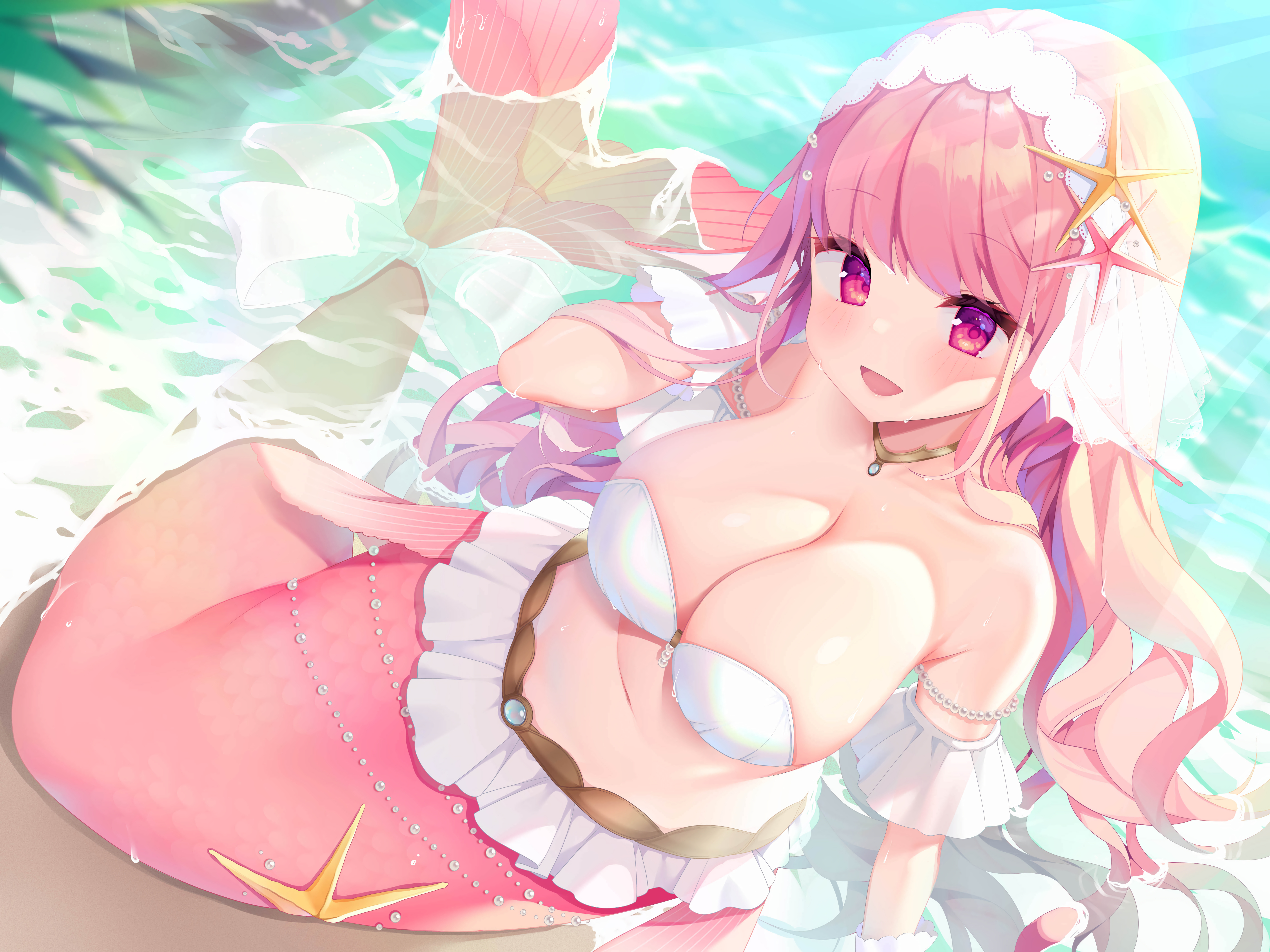 Anime 5600x4200 Shiika Yuno anime anime girls big boobs pink hair cleavage pink eyes water mermaids beach high angle