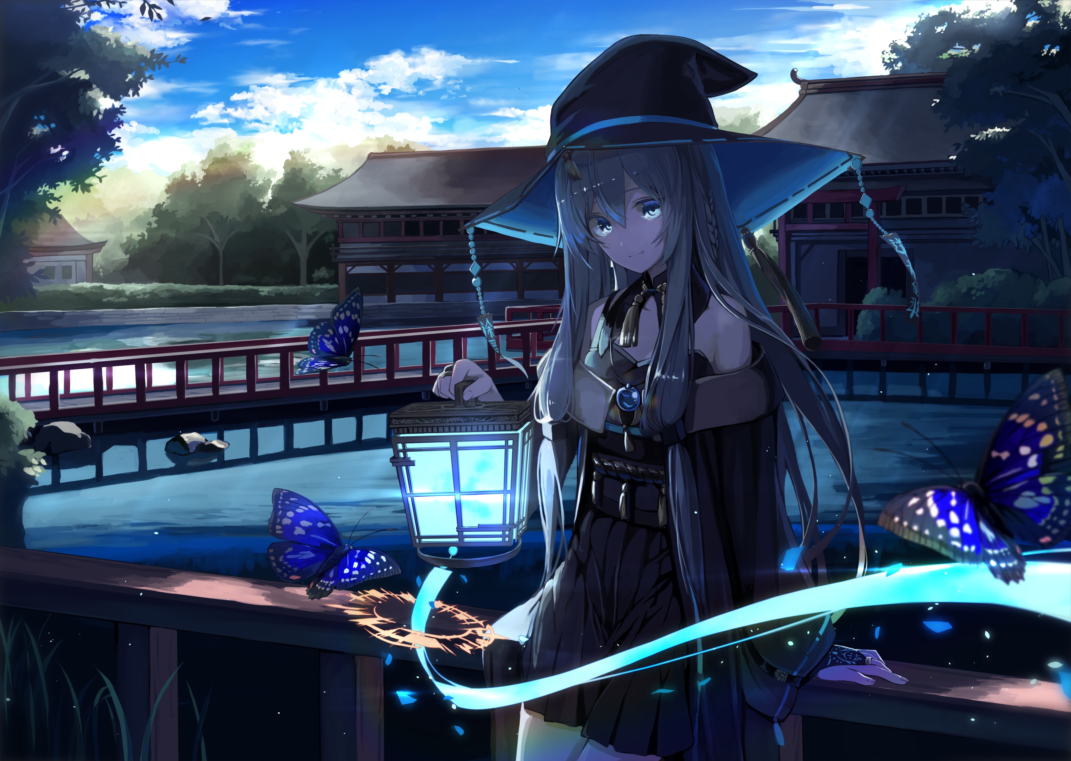 Anime 3500x2487 mikisai butterfly artwork anime girls gray hair long hair gray eyes witch hat