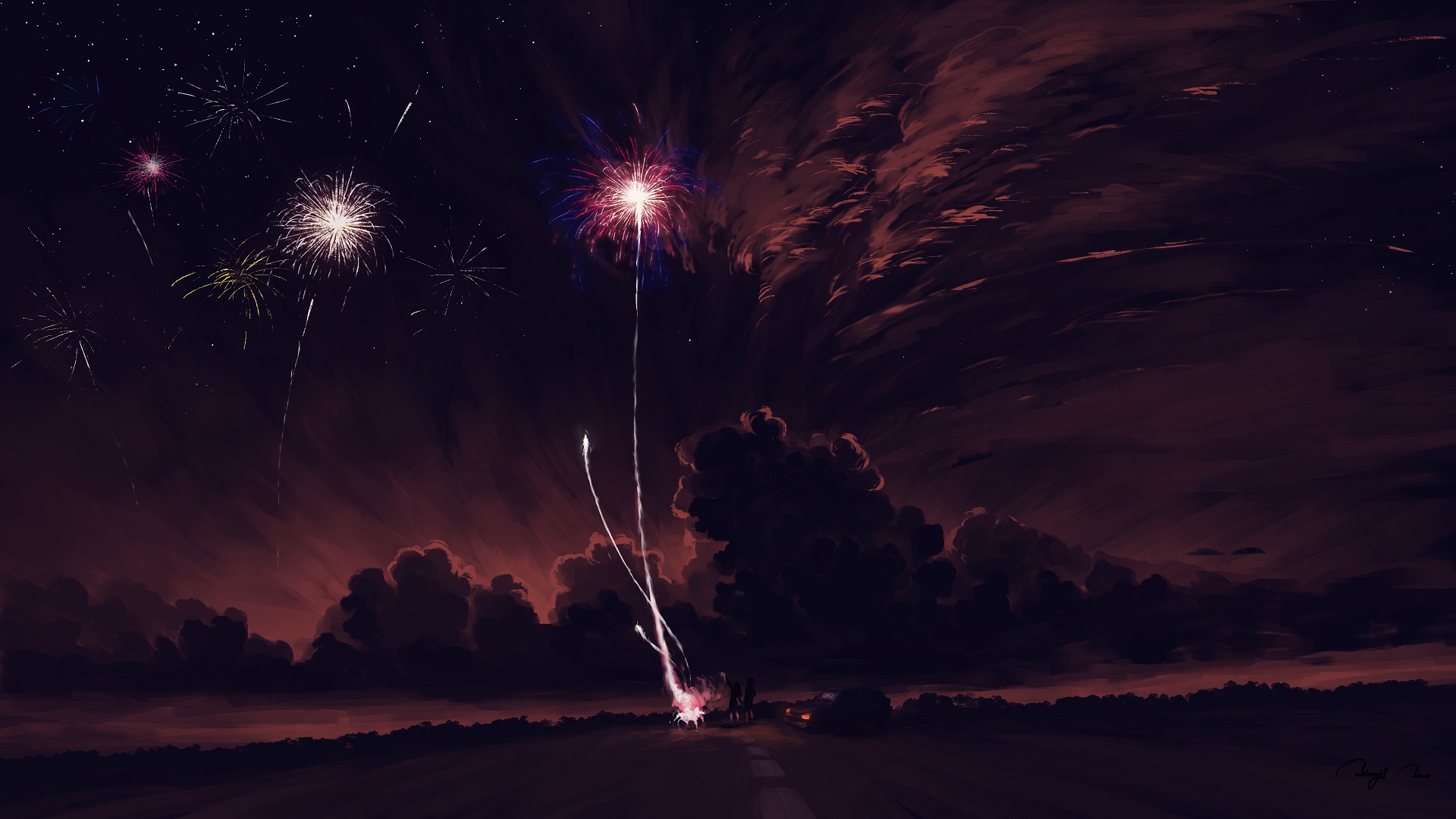 General 1920x1080 digital painting landscape night clouds couple car BisBiswas