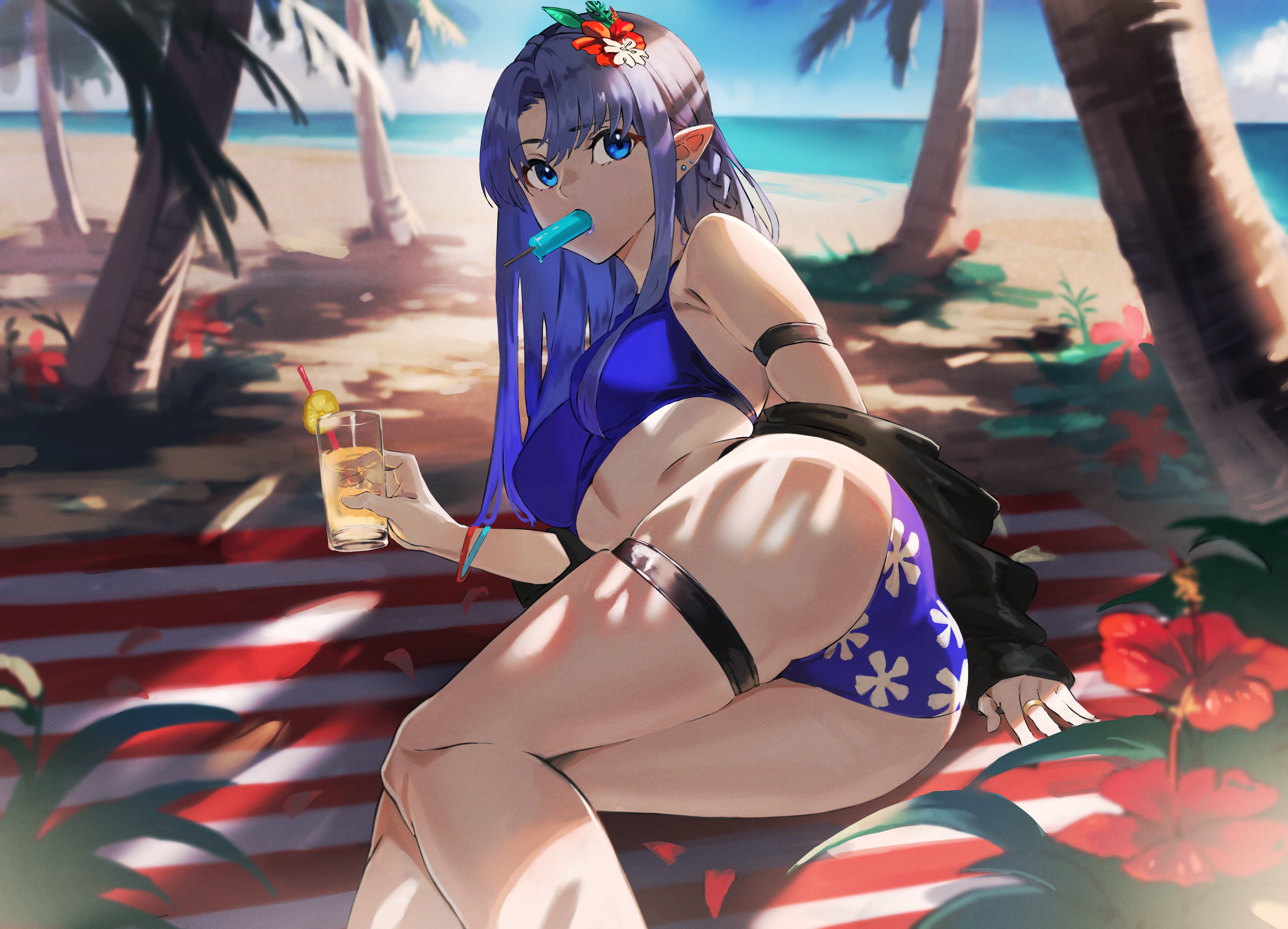 Anime 4014x2894 anime anime girls bikini ice cream beach lying on side ass Fate/Grand Order Caster (Fate/Stay Night) Lemonade blue eyes blue hair pointy ears Fate series Medea Lily (Fate/Grand Order) you-6-11 hibiscus palm trees cocktails looking back