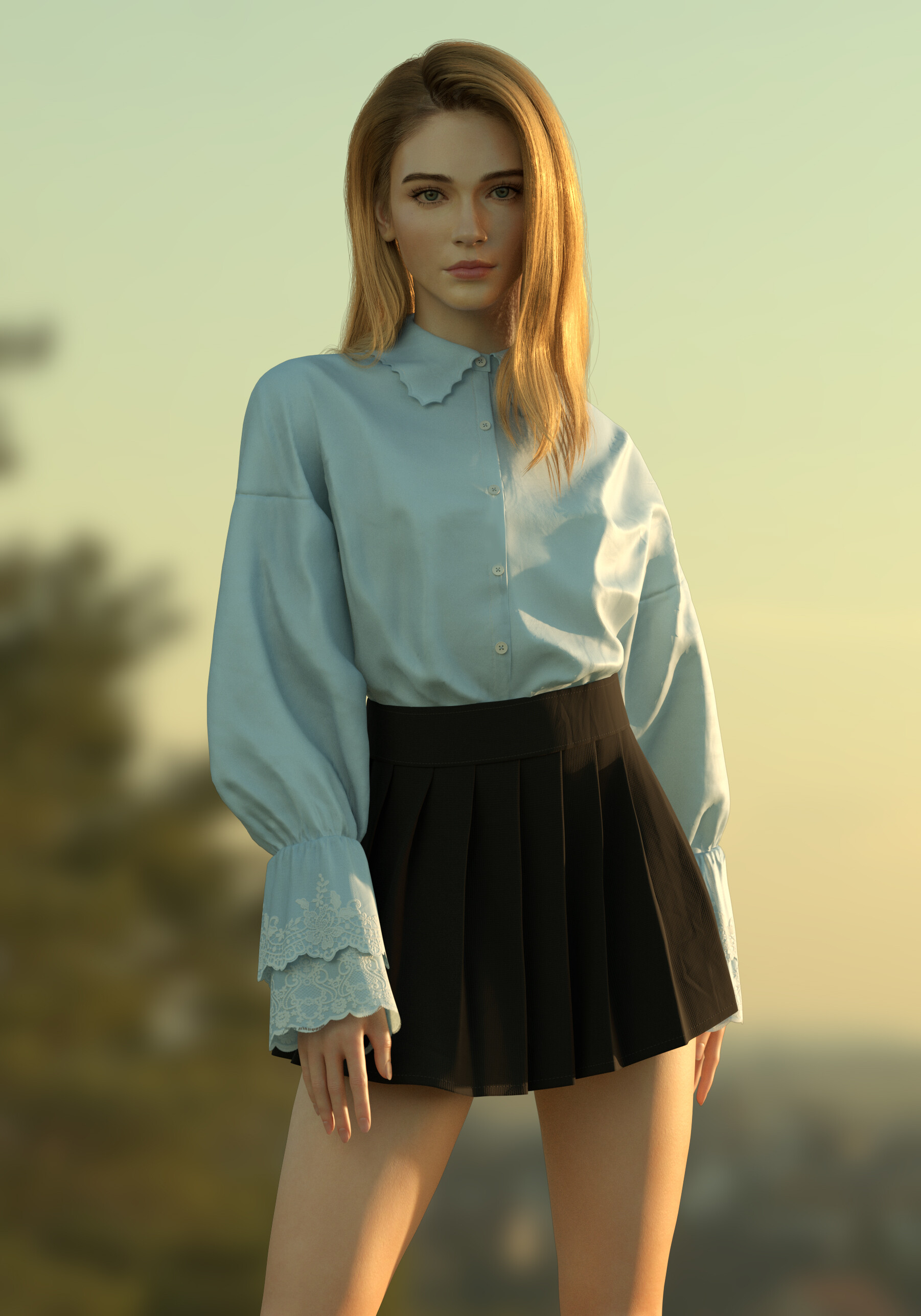 General 1802x2574 Yue Wang CGI women blonde looking at viewer shirt skirt pleated skirt depth of field casual
