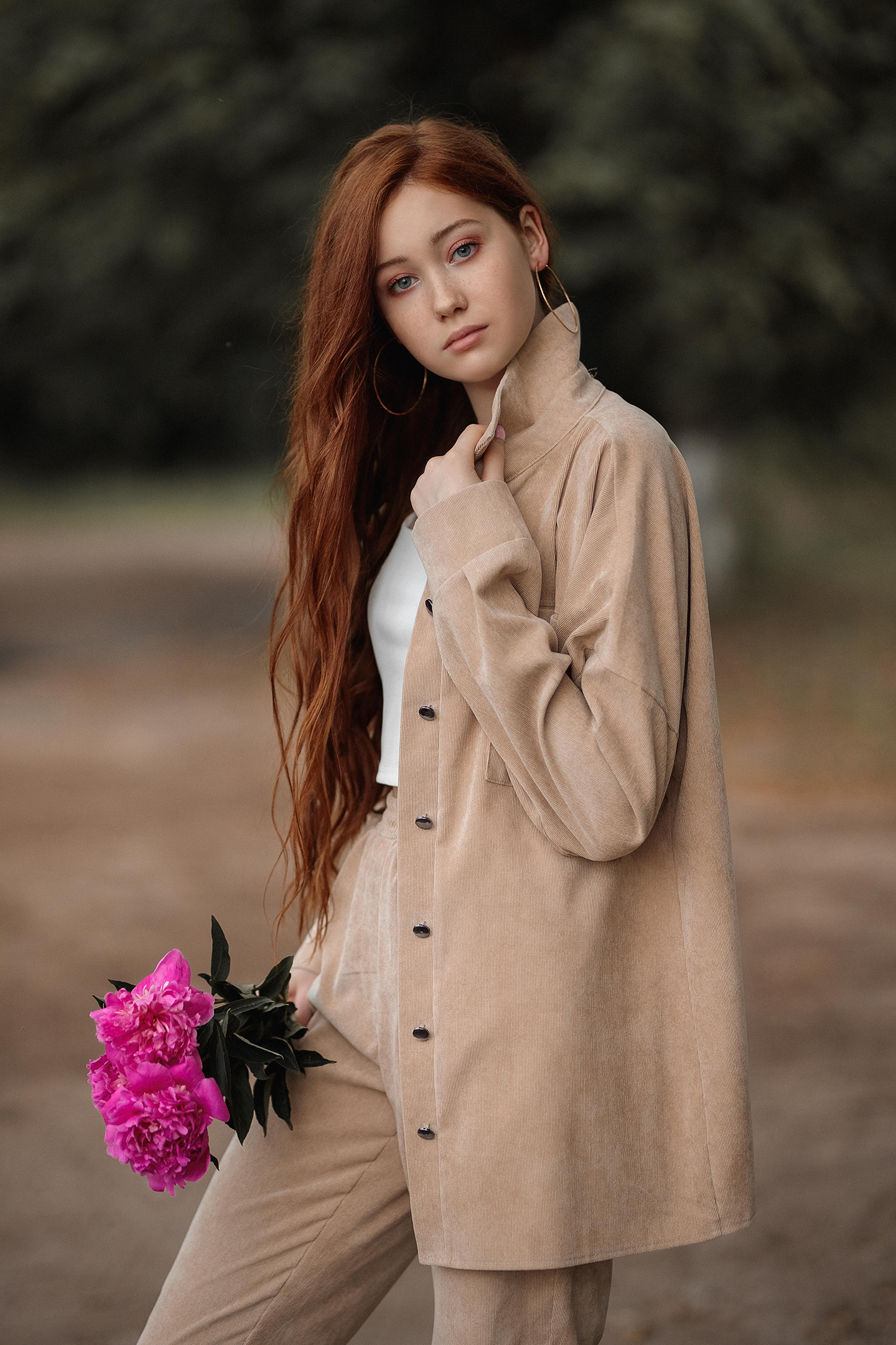 People 1440x2160 Vladimir Vasilev women redhead long hair open clothes brown clothing flowers makeup pink depth of field gray eyes