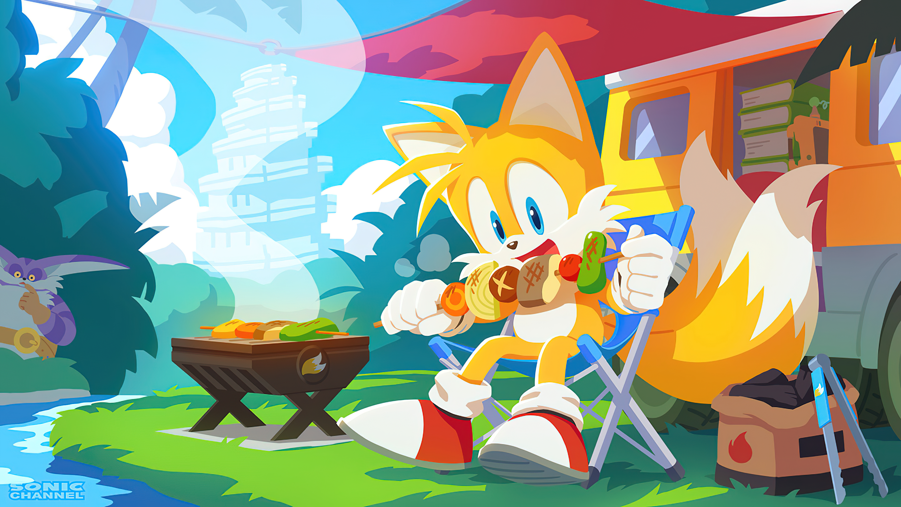 General 2880x1620 Tails (character) Yui Karasuno fox Sega video game art comic art Sonic the Hedgehog Sonic barbecue barbecue grill barbed wire coal video game characters Big the Cat Anthro artwork video games