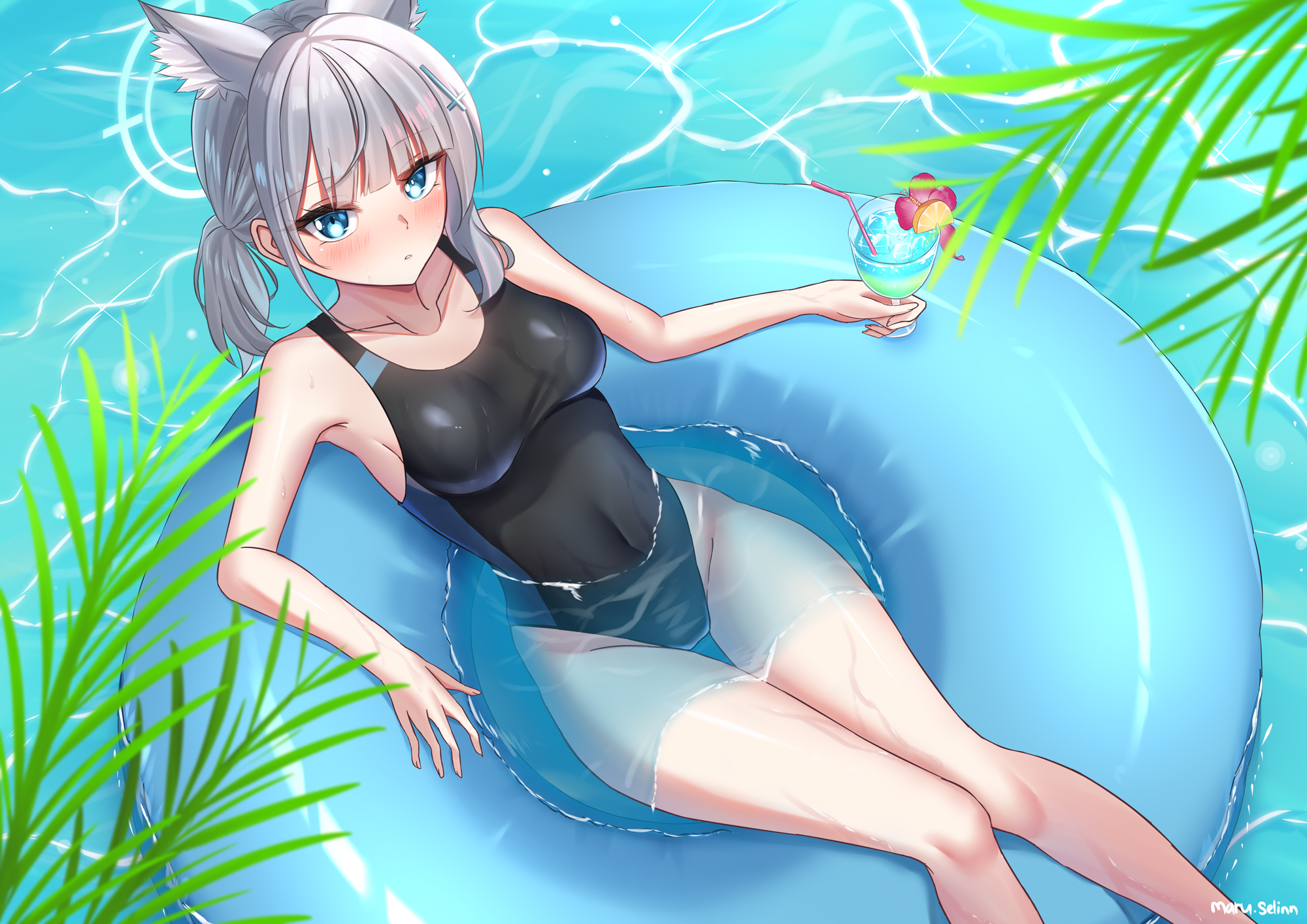 Anime 2000x1414 anime anime girls floater water fox girl fox ears drink one-piece swimsuit top view cocktails blue eyes Blue Archive Shiroko (Blue Archive)
