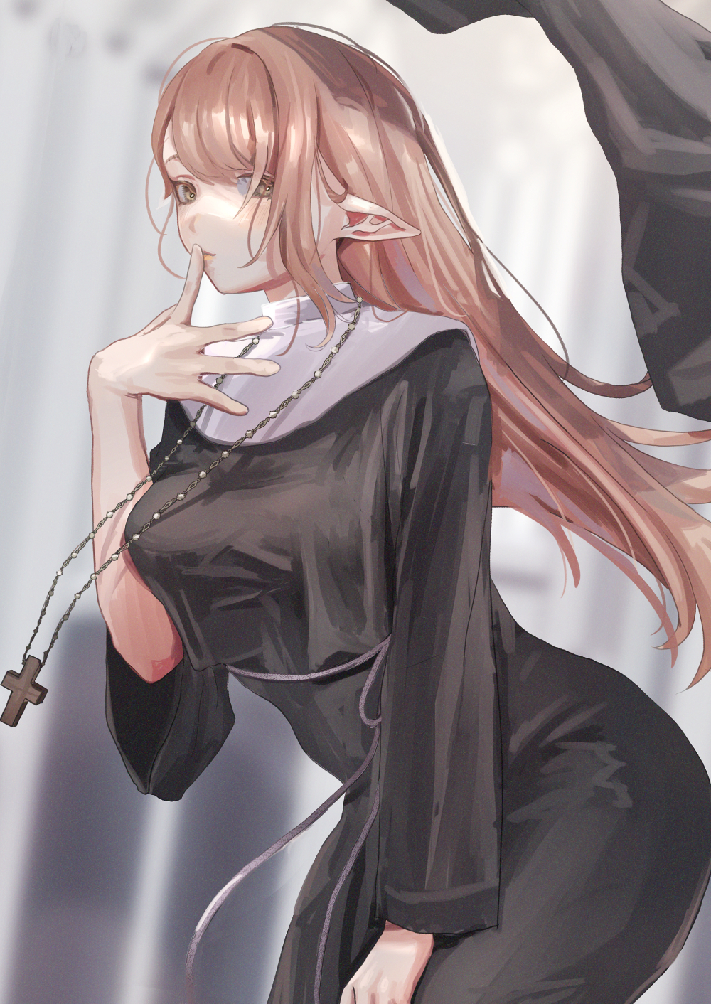 Anime 1000x1412 anime anime girls original characters solo artwork digital art fan art nuns pointy ears fantasy girl cross long hair finger on lips looking at viewer nun outfit