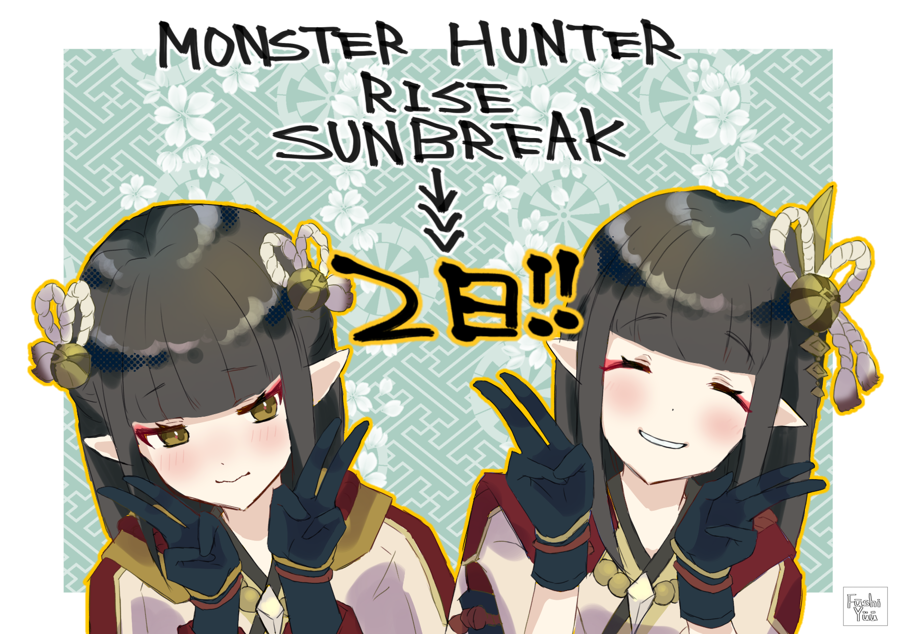 Anime 1754x1240 anime anime girls Monster Hunter Monster Hunter Rise Hinoa Minoto long hair pointy ears twins two women artwork digital art fan art black hair