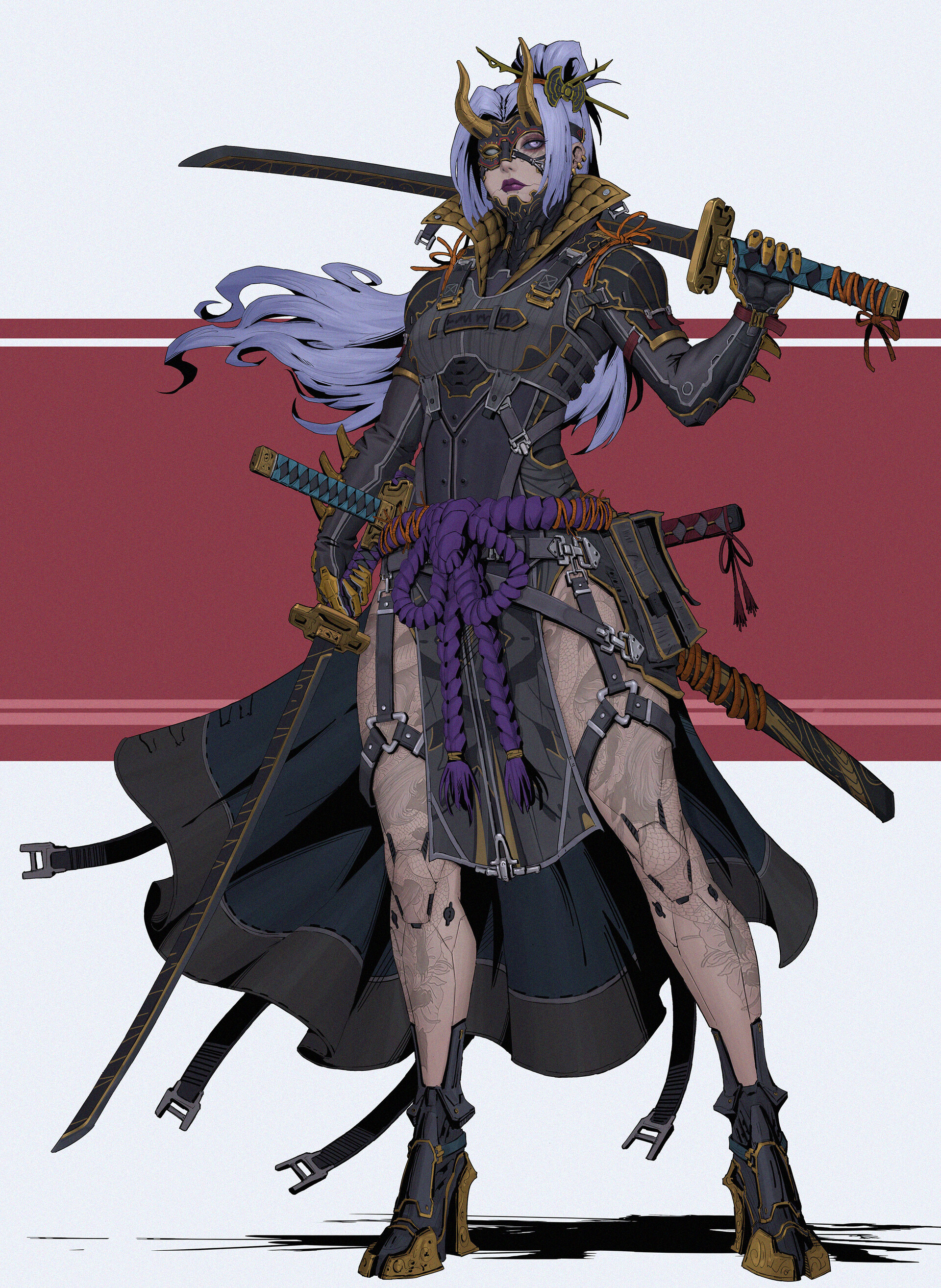General 1920x2628 Lee Kimsan women ninjas sword katana weapon warrior horns white background standing women with swords