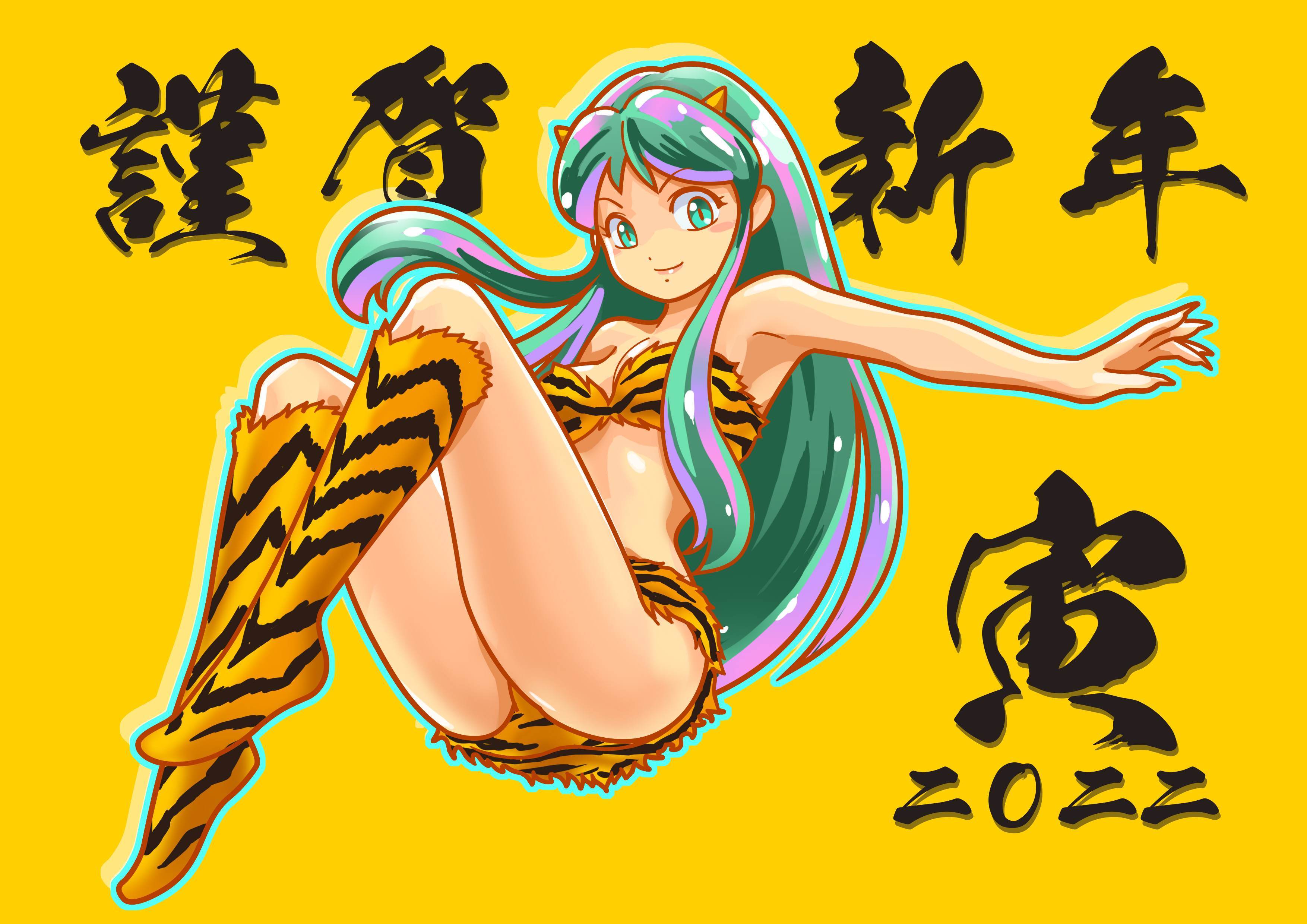 Anime 3508x2480 Lum Invader Urusei Yatsura green hair anime girls yellow background bikini green eyes